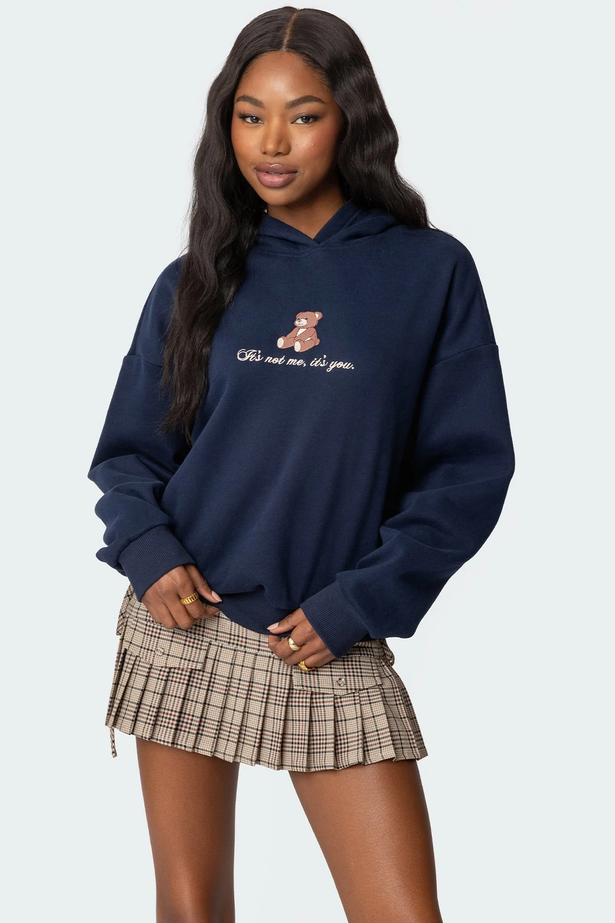 Navy Teddy Bear Graphic Hoodie for Women