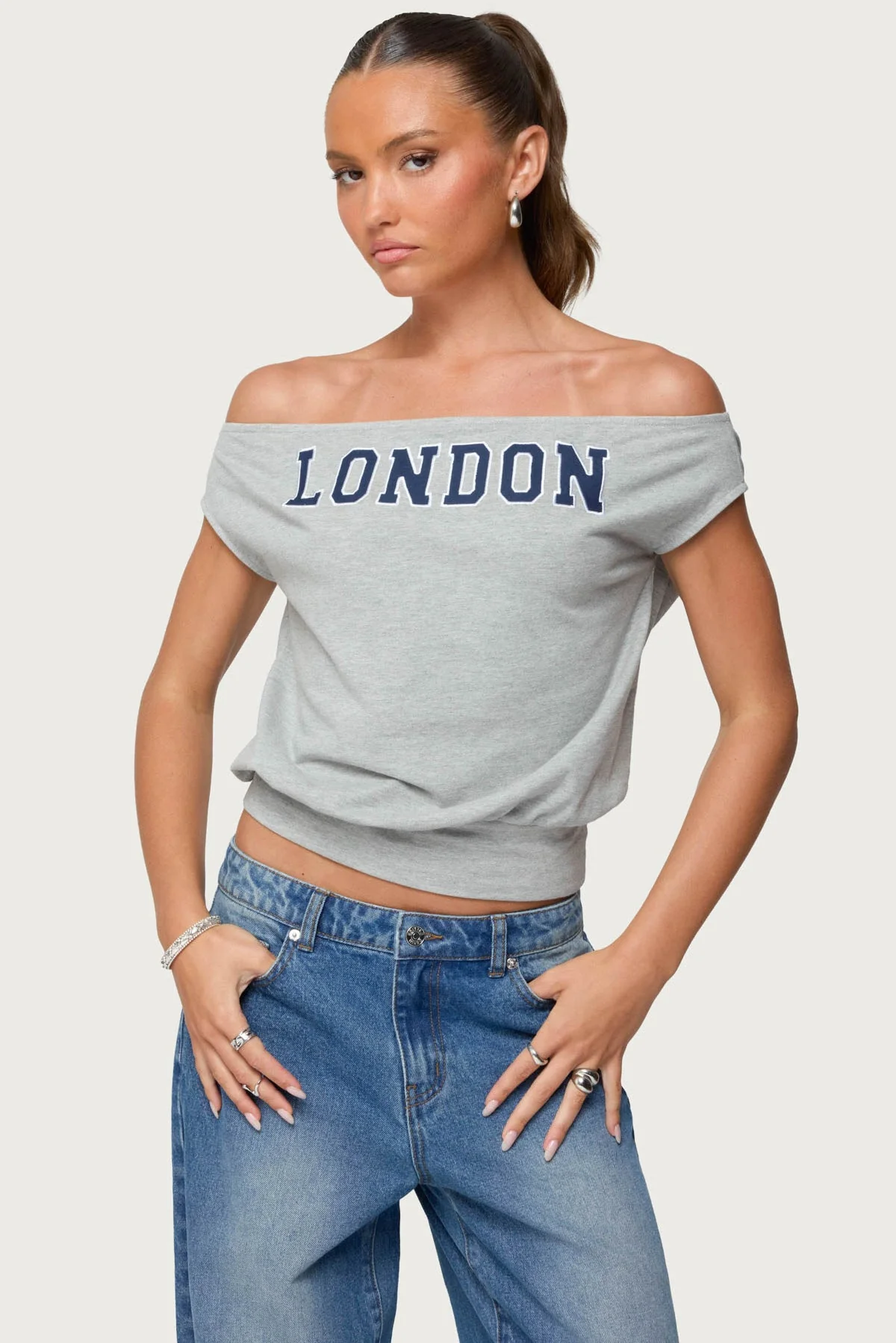 Gray Melange Off Shoulder Top for Stylish London Look