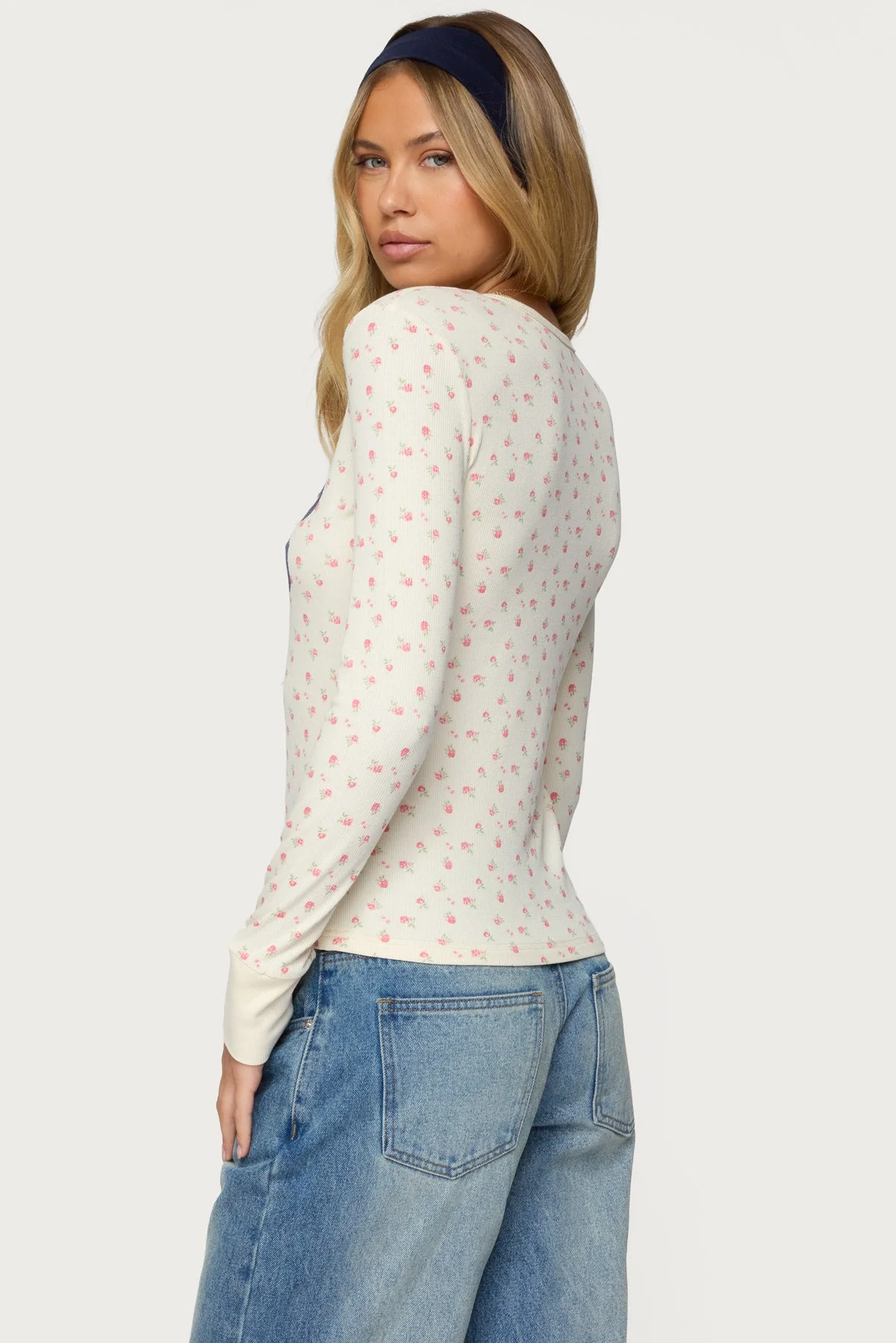 Floral Ribbed Long Sleeve Shirt in Cream - Womens Fashion