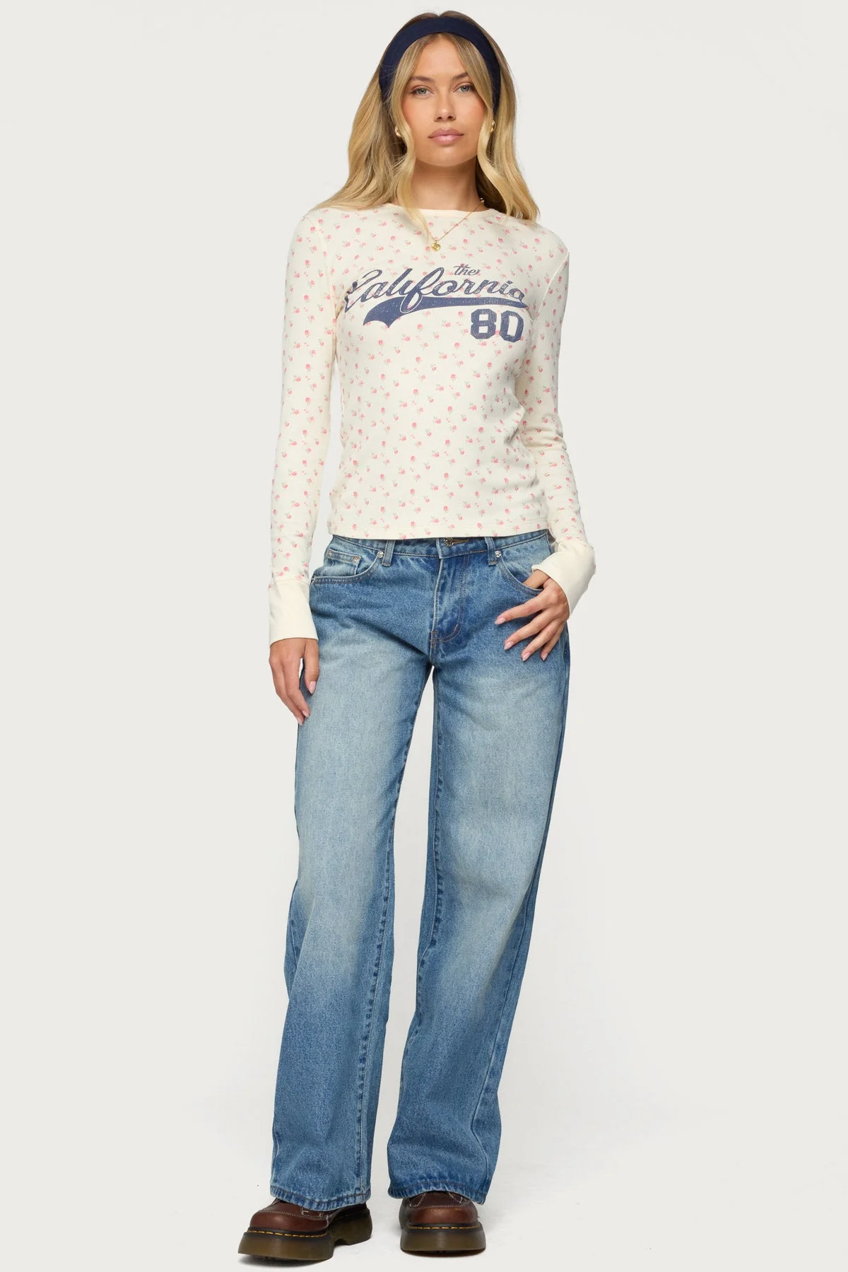Floral Ribbed Long Sleeve Shirt in Cream - Womens Fashion
