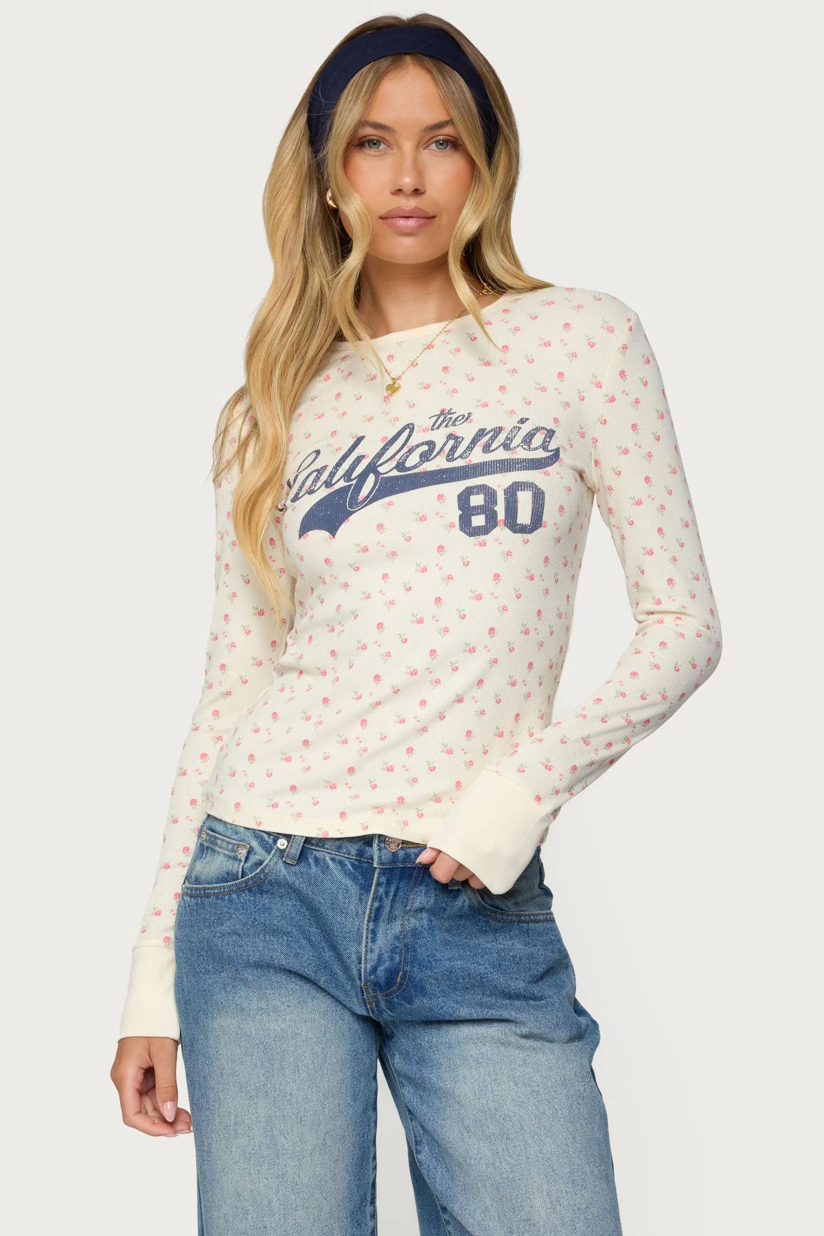 Floral Ribbed Long Sleeve Shirt in Cream - Womens Fashion