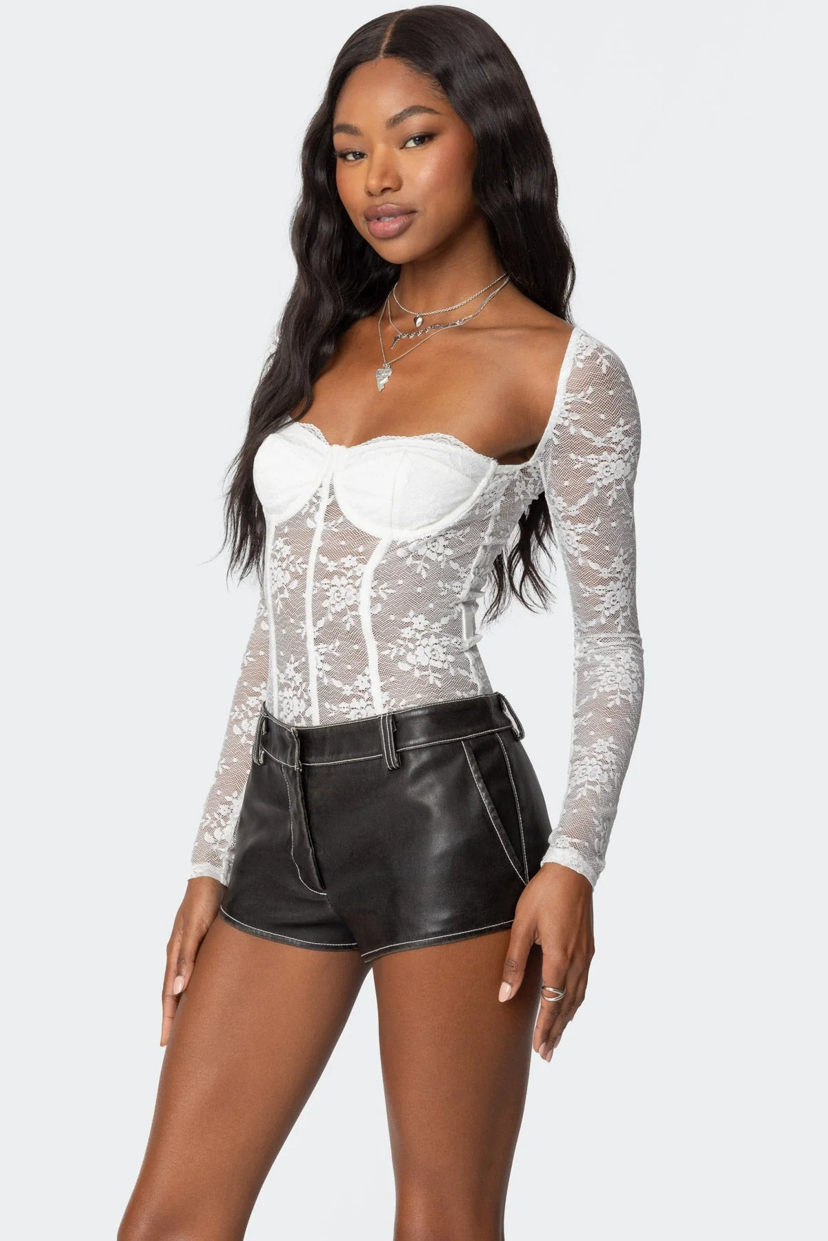 Sheer Lace Sweetheart Bodysuit - White Nylon Spandex Blend