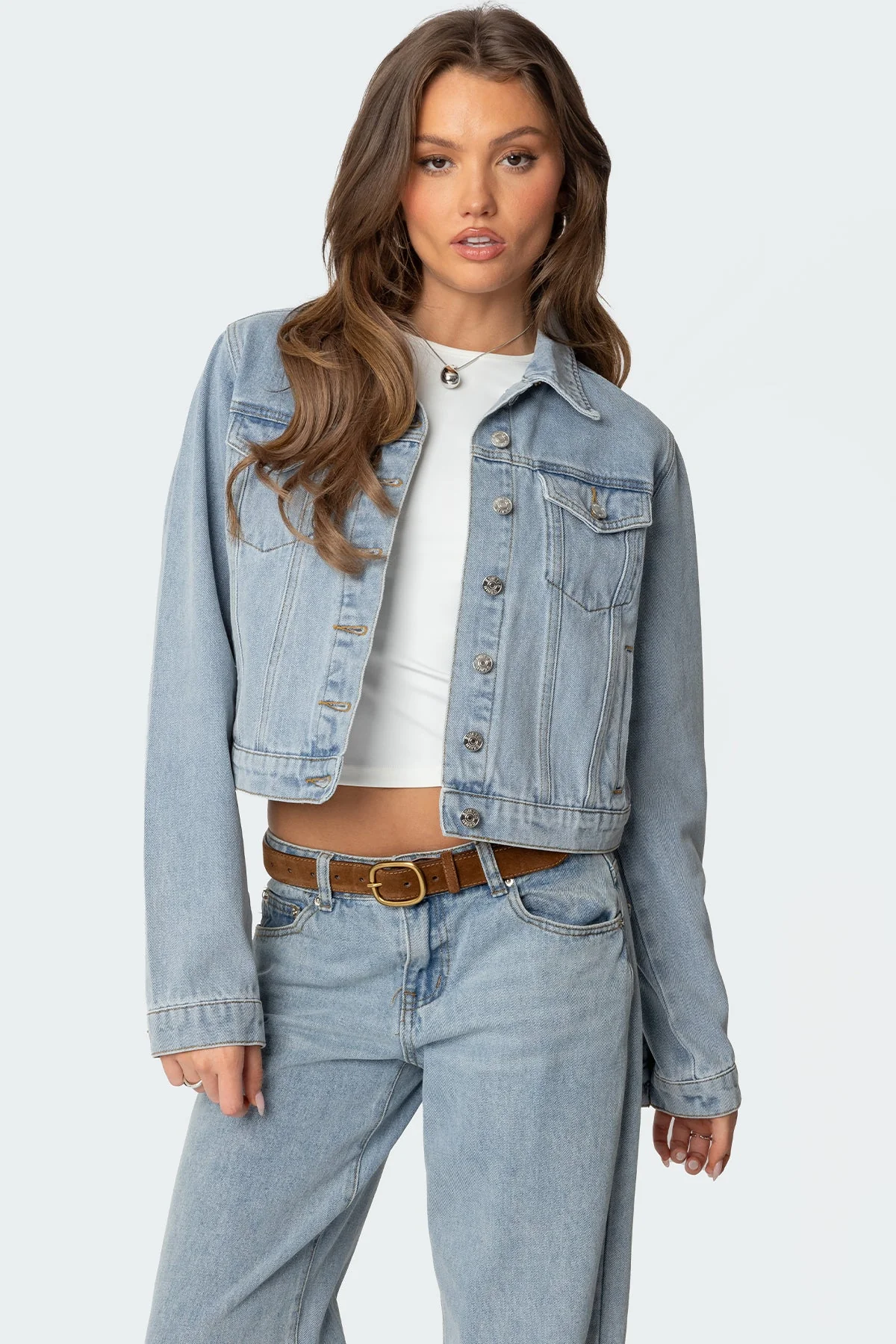 Light Blue Denim Jacket Women Collared Pocket Contrast Stitching