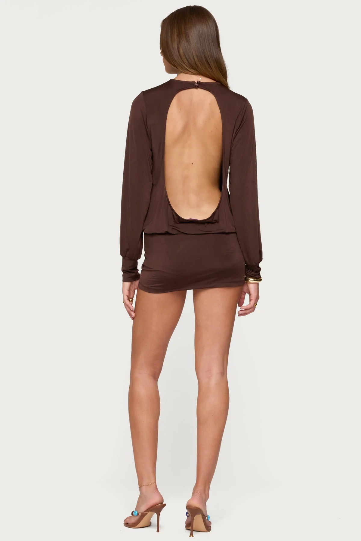 Brown Backless Long Sleeve Jumpsuit Romper