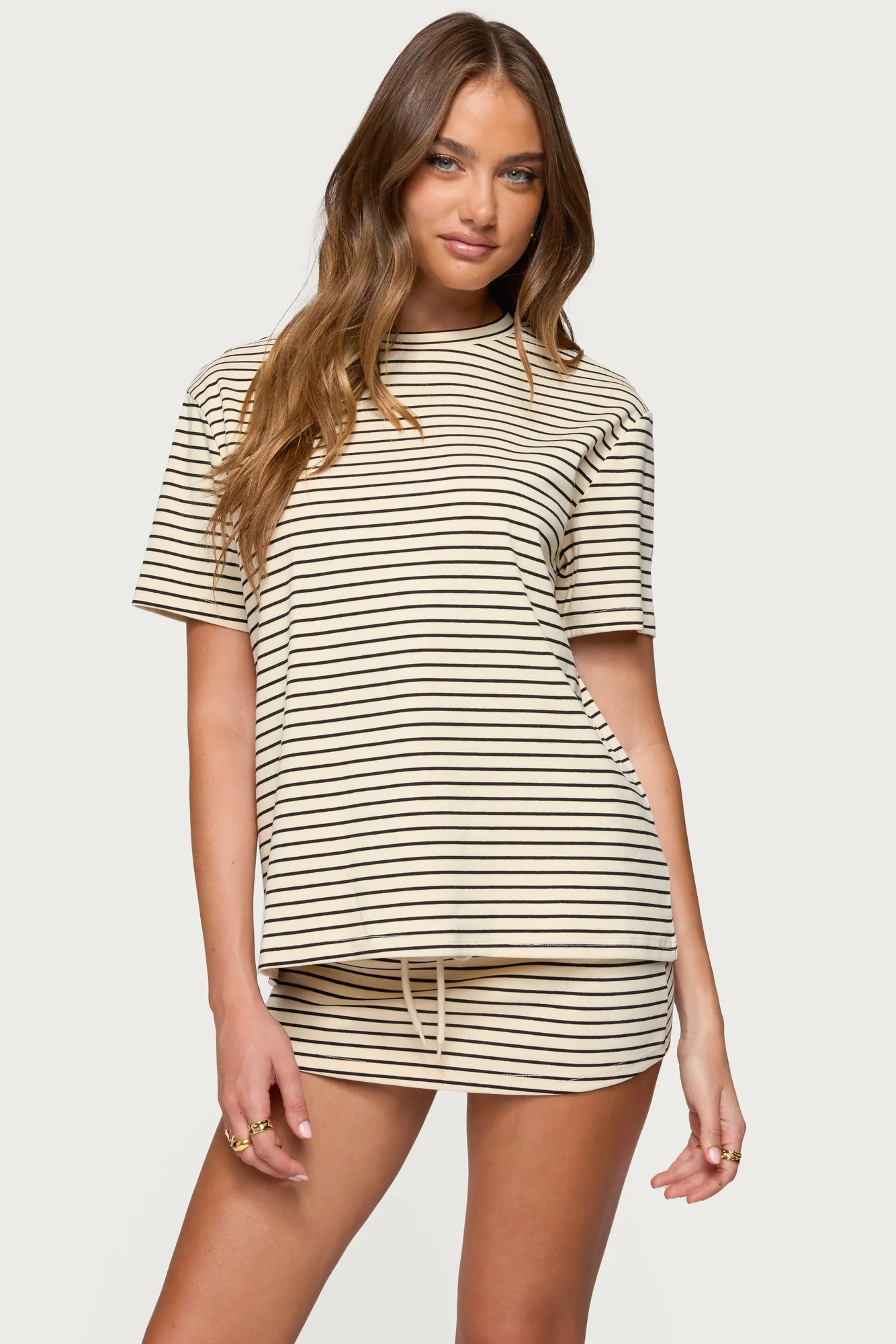 Cream and Black Striped Oversized T-Shirt Set