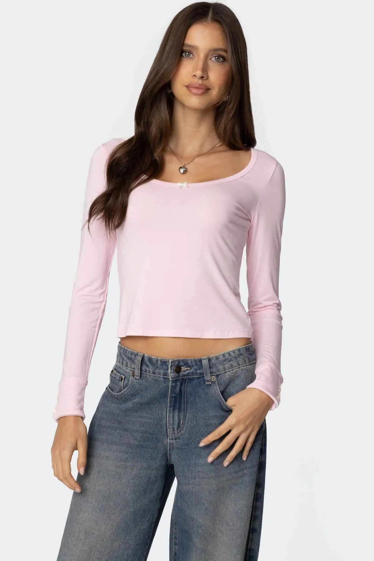 Pink Bow Detailed Scoop Neck Top Womens Casual Wear