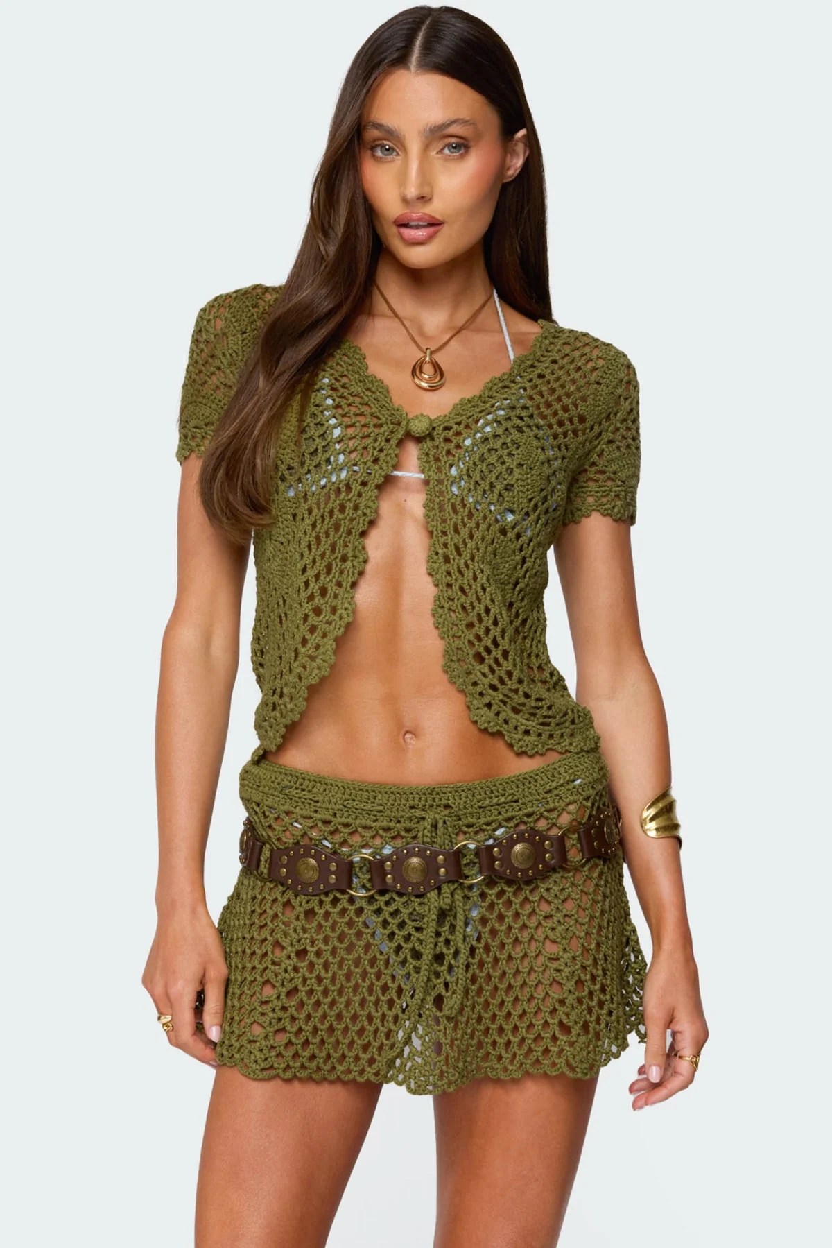 Olive Crochet Split Front Shirt
