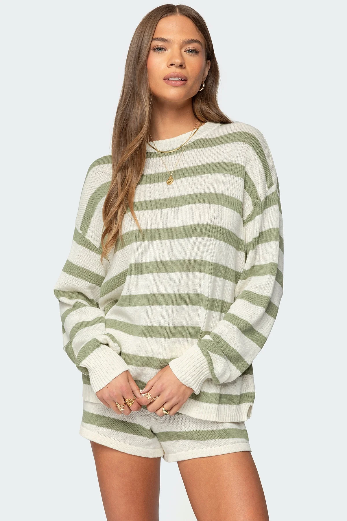 Olive Striped Knit Sweater Set