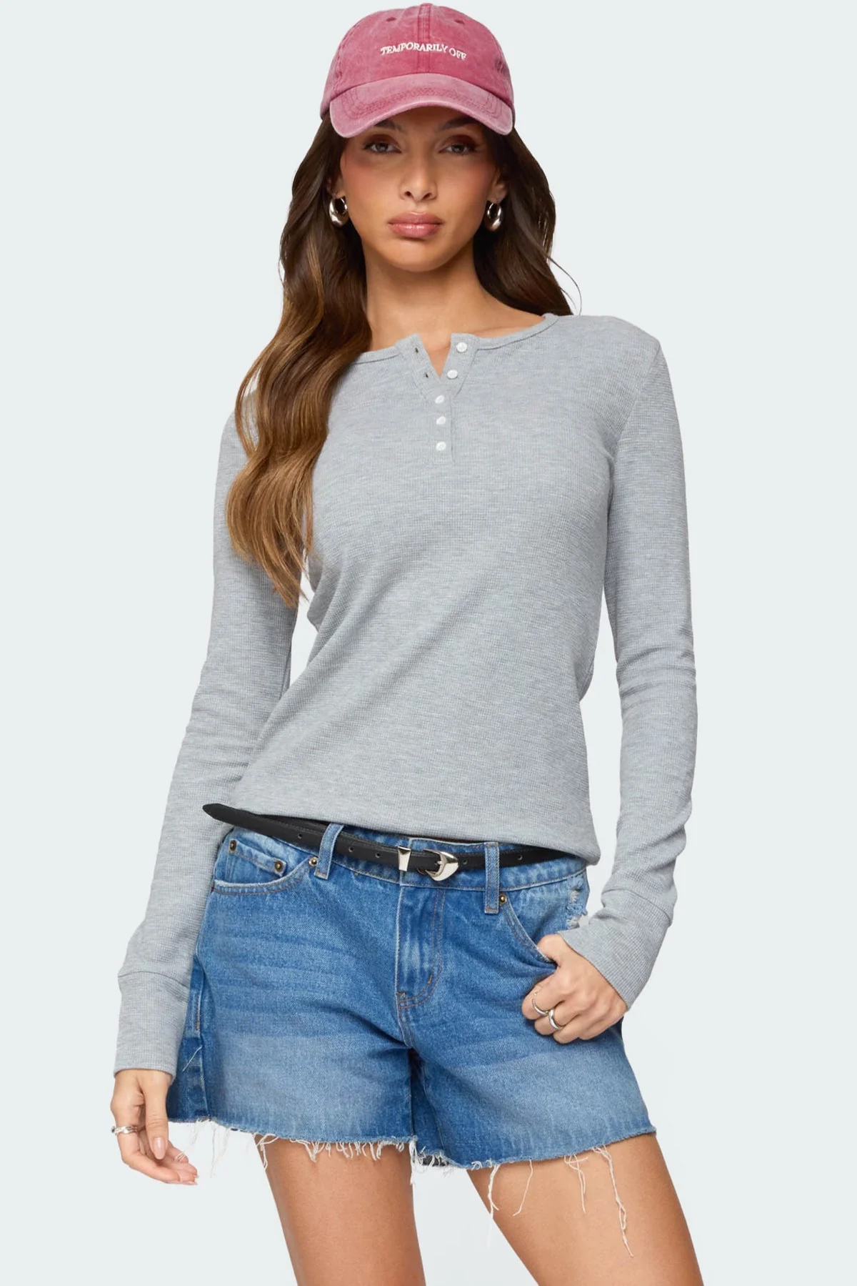 Gray Waffle Henley Shirt - Long Sleeve Fashion Staple