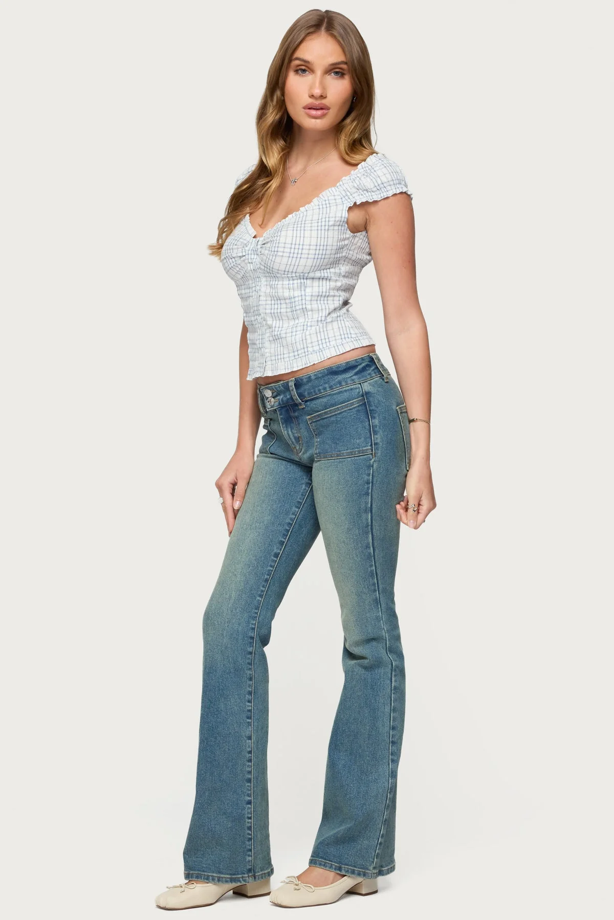 Plaid Button-Up Shirt with Ruffle Trim