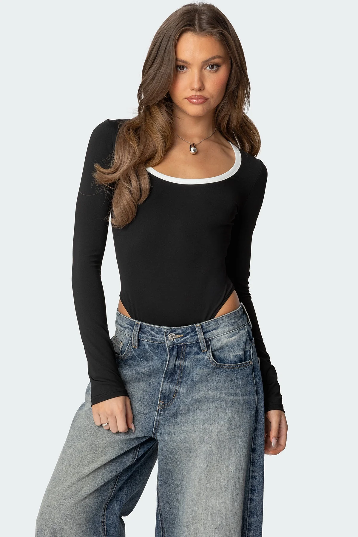 Black Contrast Scoop Neck Bodysuit