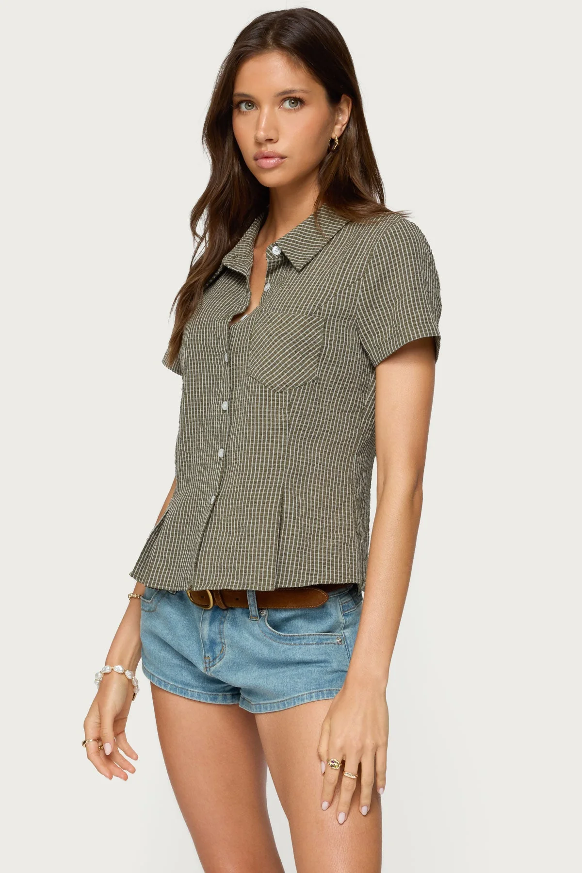 Plaid Tailored Button Up Shirt in Olive Green
