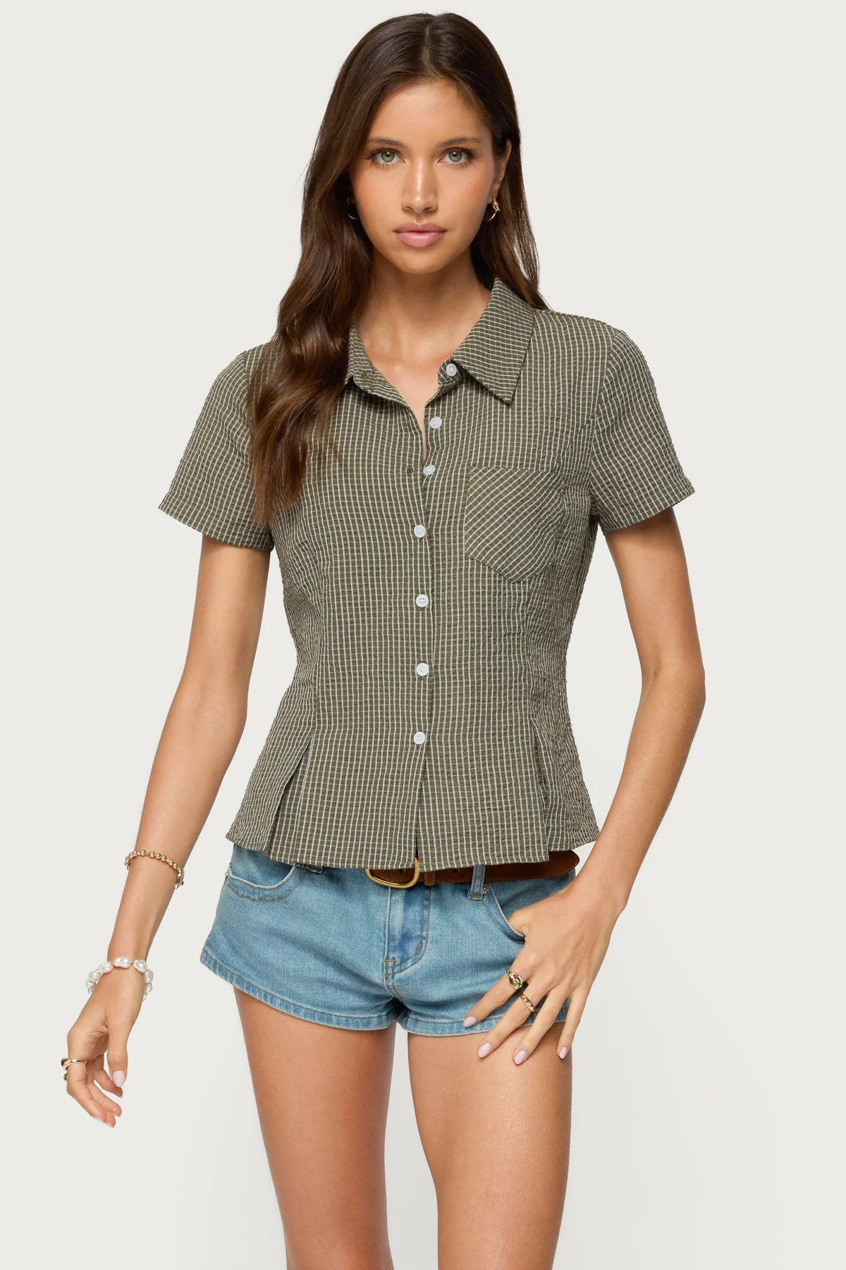 Plaid Tailored Button Up Shirt in Olive Green