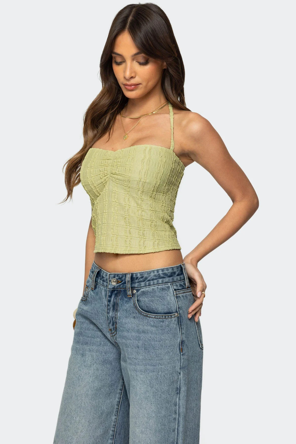 Textured Halter Top in Sage Green | Sweetheart Neckline Style