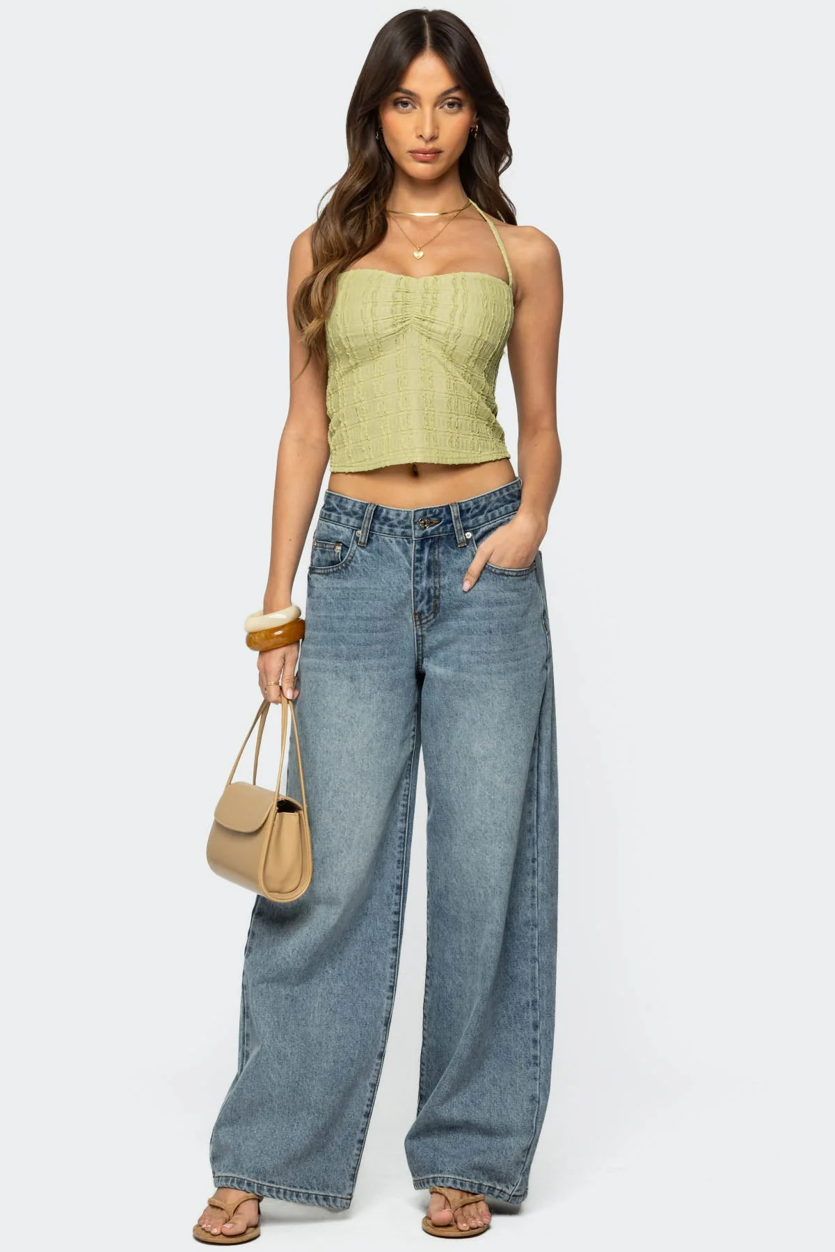 Textured Halter Top in Sage Green | Sweetheart Neckline Style