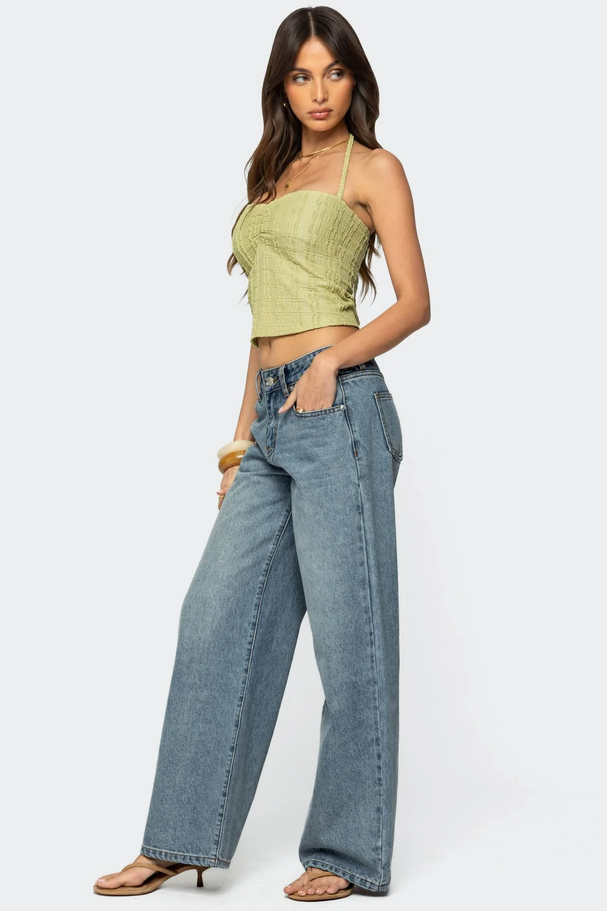 Textured Halter Top in Sage Green | Sweetheart Neckline Style