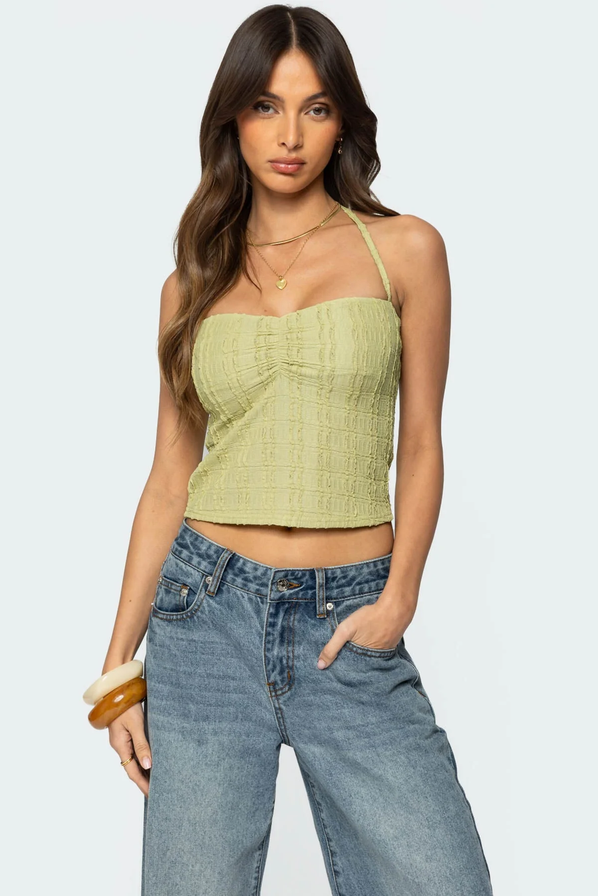 Textured Halter Top in Sage Green | Sweetheart Neckline Style