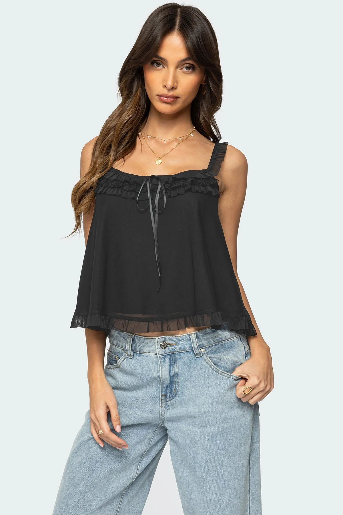 Black Mesh Tank Top with Ruffle Detailing