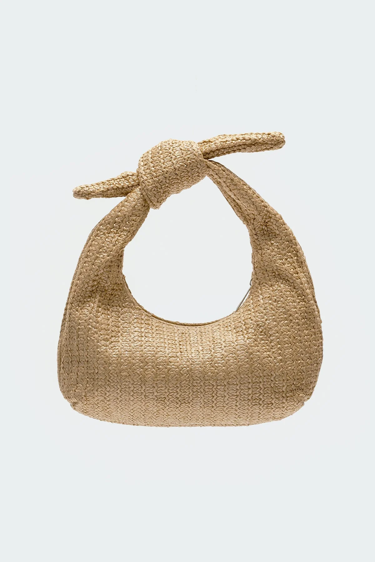 Brown Straw Mini Bag with Tied Handle & Zip Closure