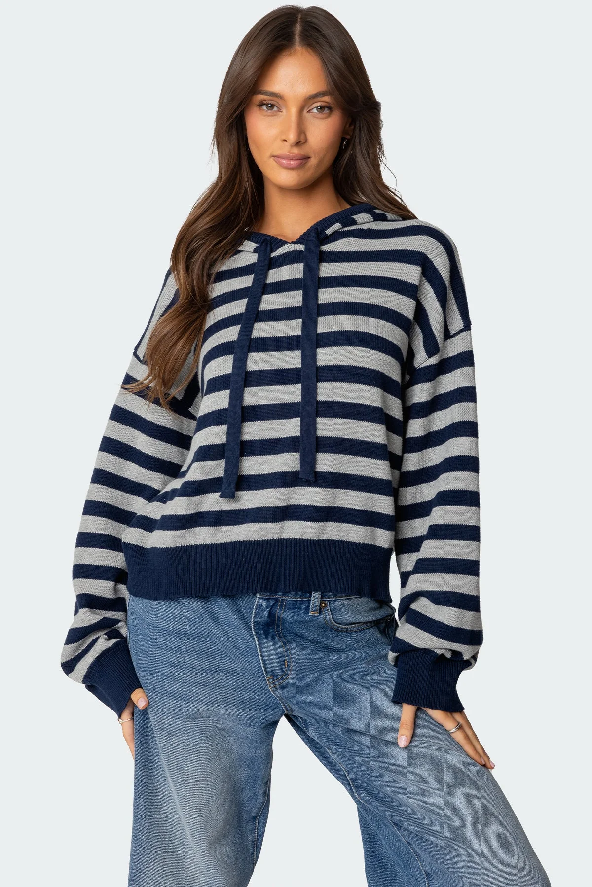 Navy Striped Knit Hoodie Sweater