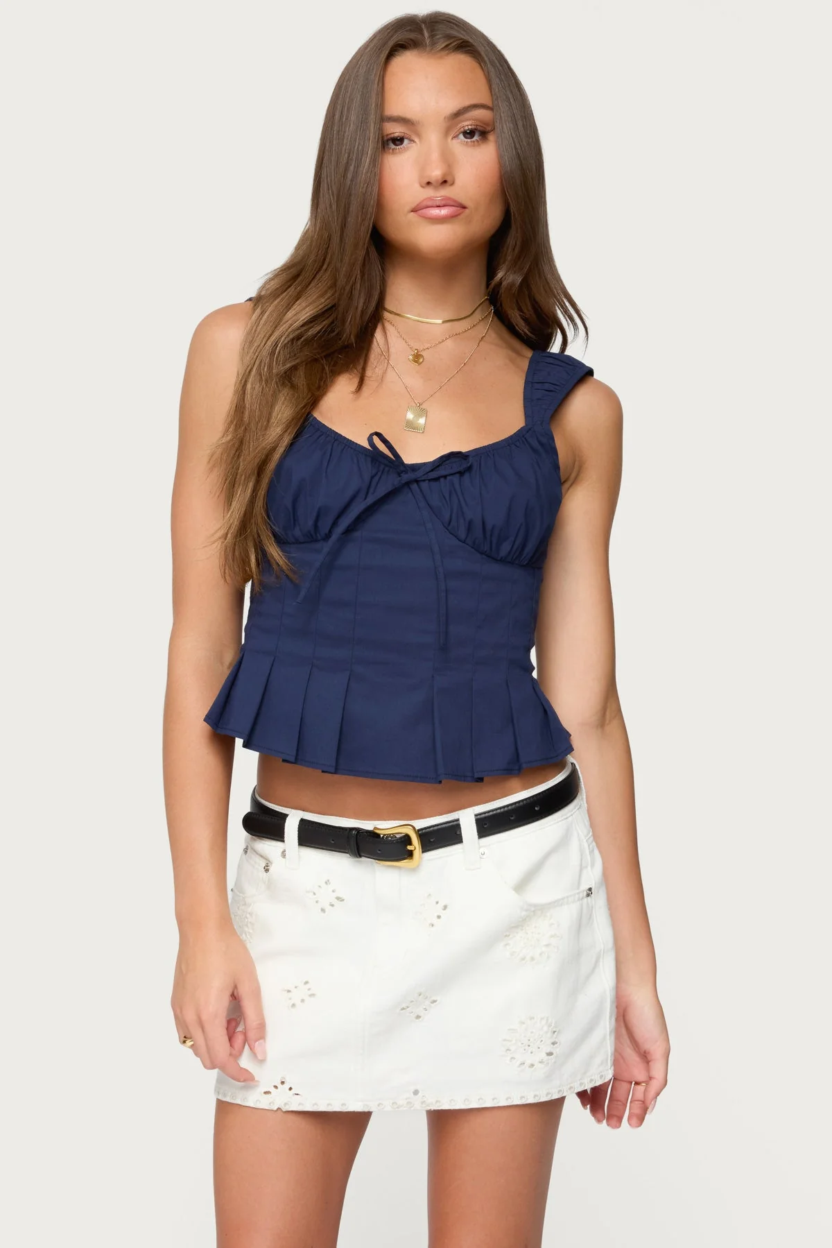 Navy Pleated Poplin Top for Women