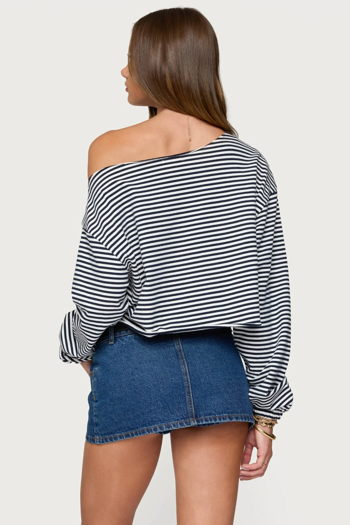 Navy and White Off Shoulder Sweatshirt - Stylish and Comfortable