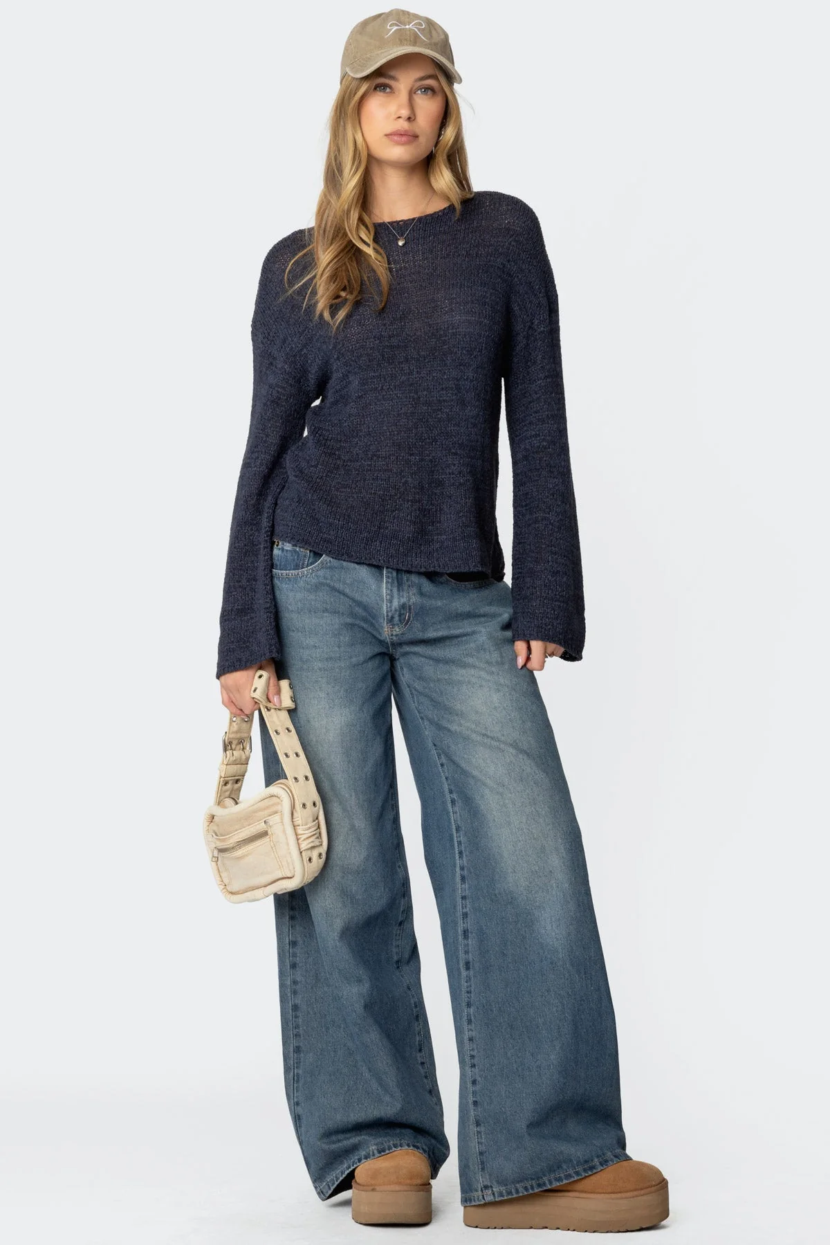 Navy Drop Shoulder Knit Sweater - Relaxed Fit Design