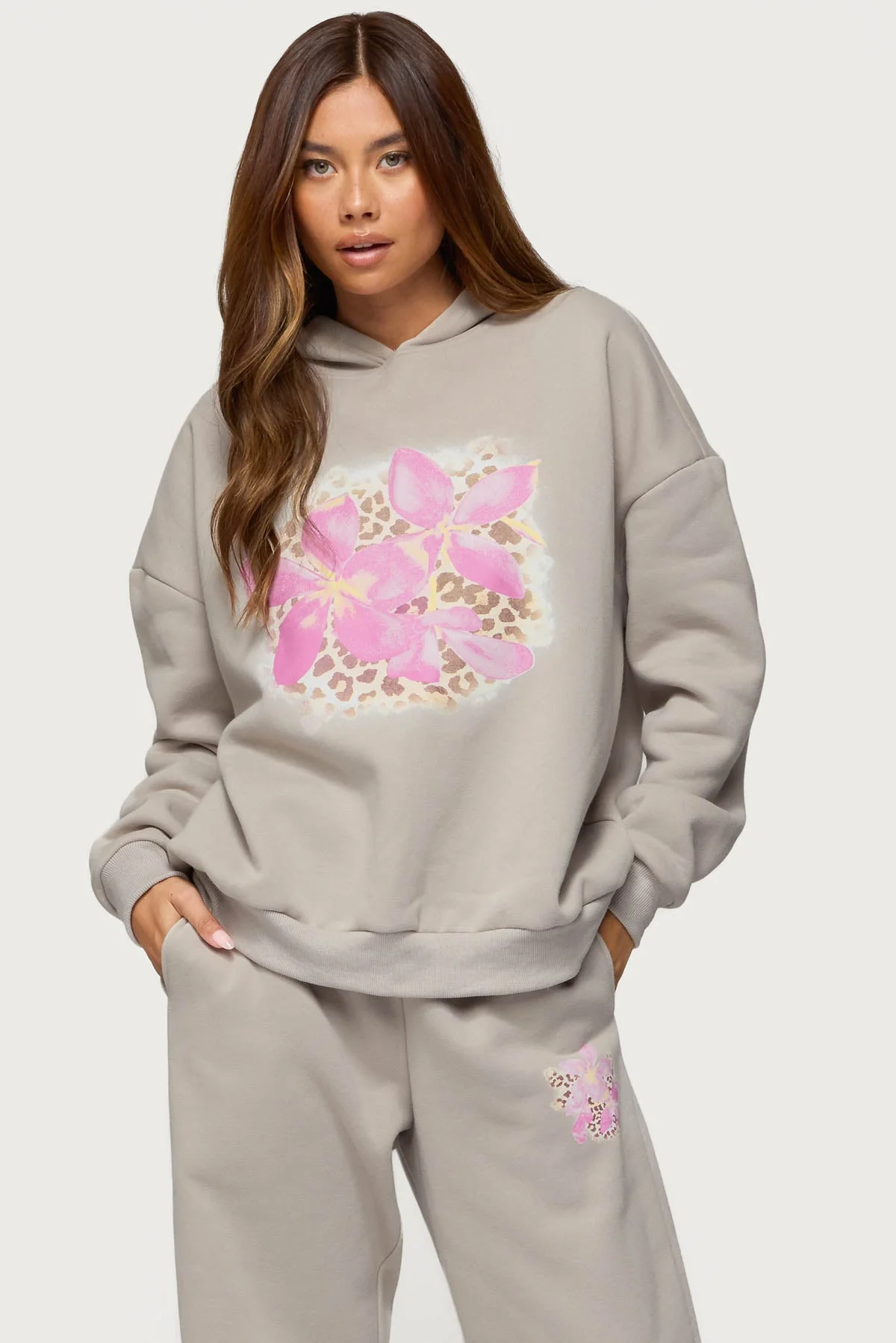 Beige Floral Leopard Print Oversized Hoodie Set