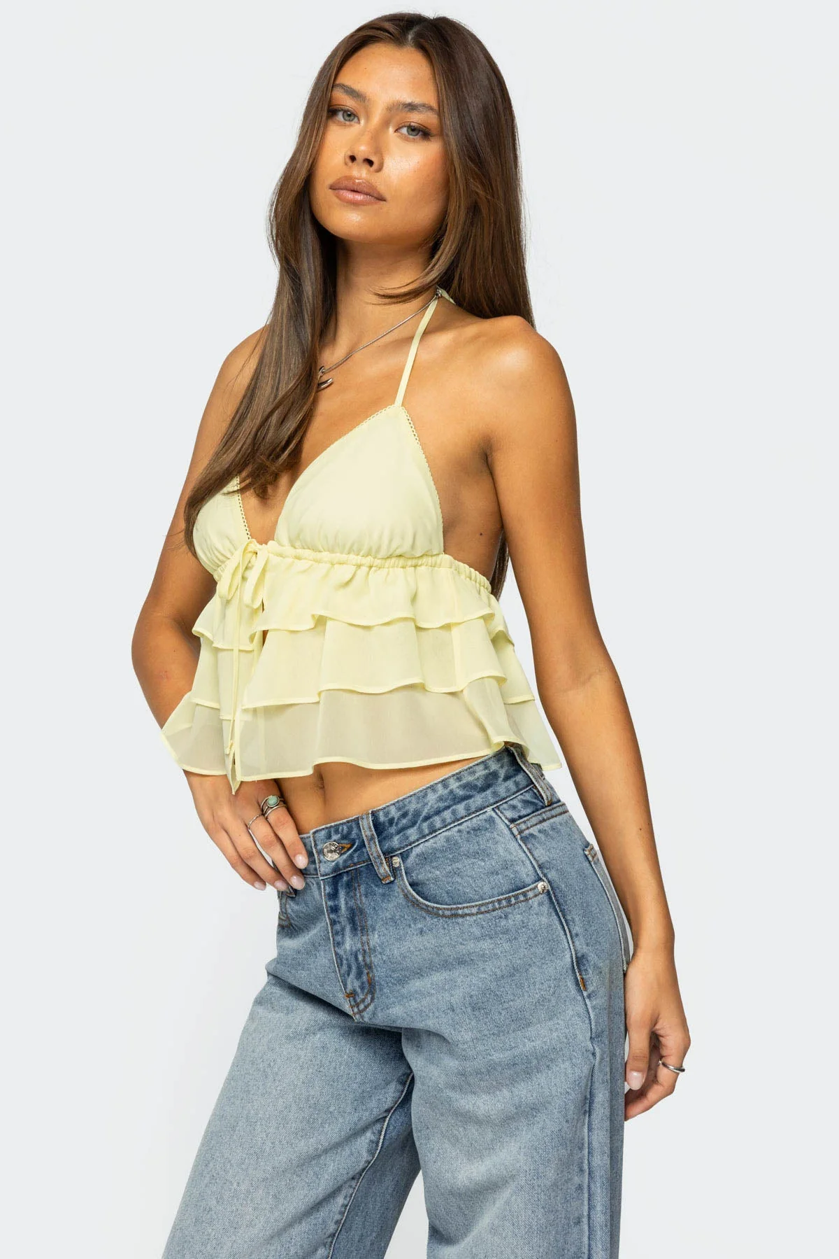 Yellow Halter Babydoll Top with Ruffled Design