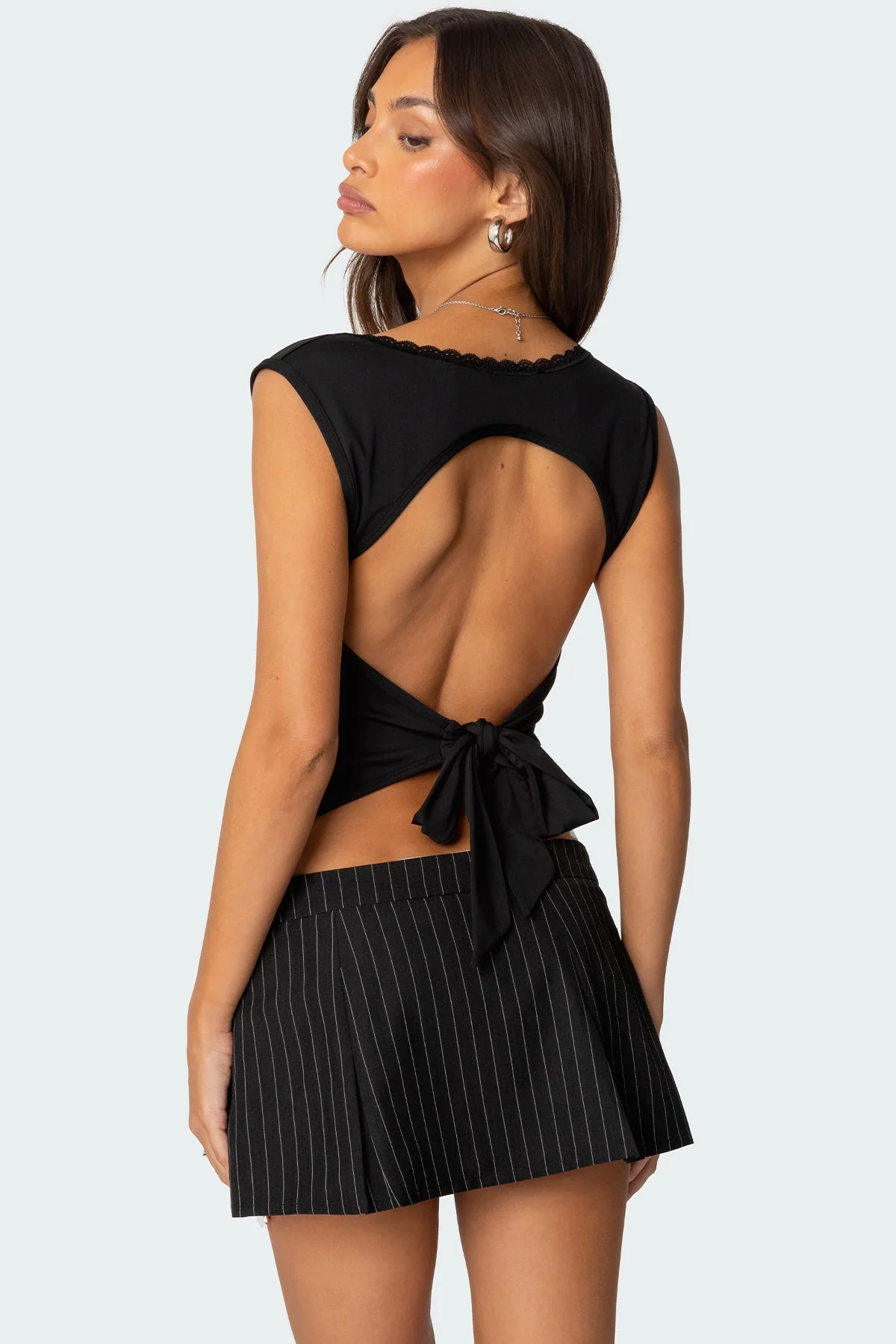 Black Lace Trim Square Neck Backless Top