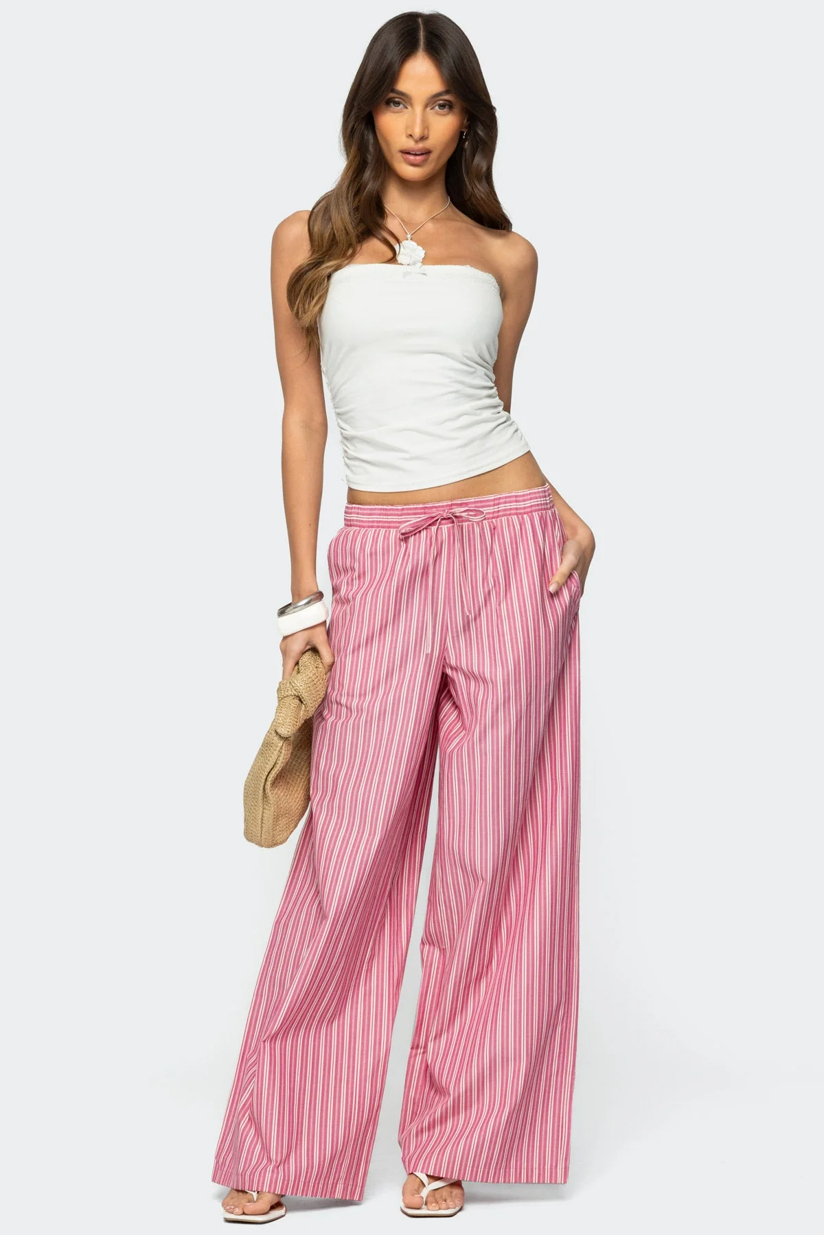 Pink Striped Wide Leg Pants for Women