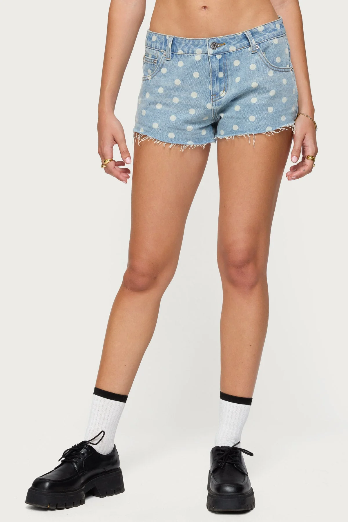 Blue Washed Denim Shorts XS- XL Womens Low-Rise Polka Dot