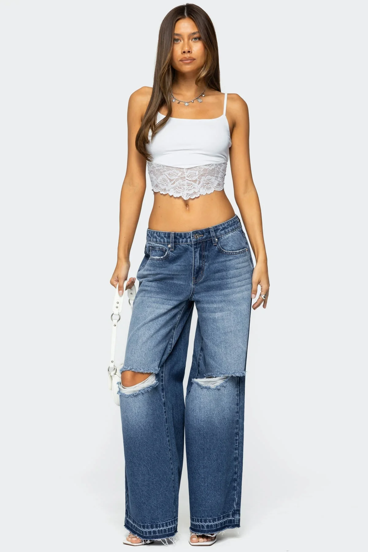 Distressed Blue Denim Low Rise Jeans