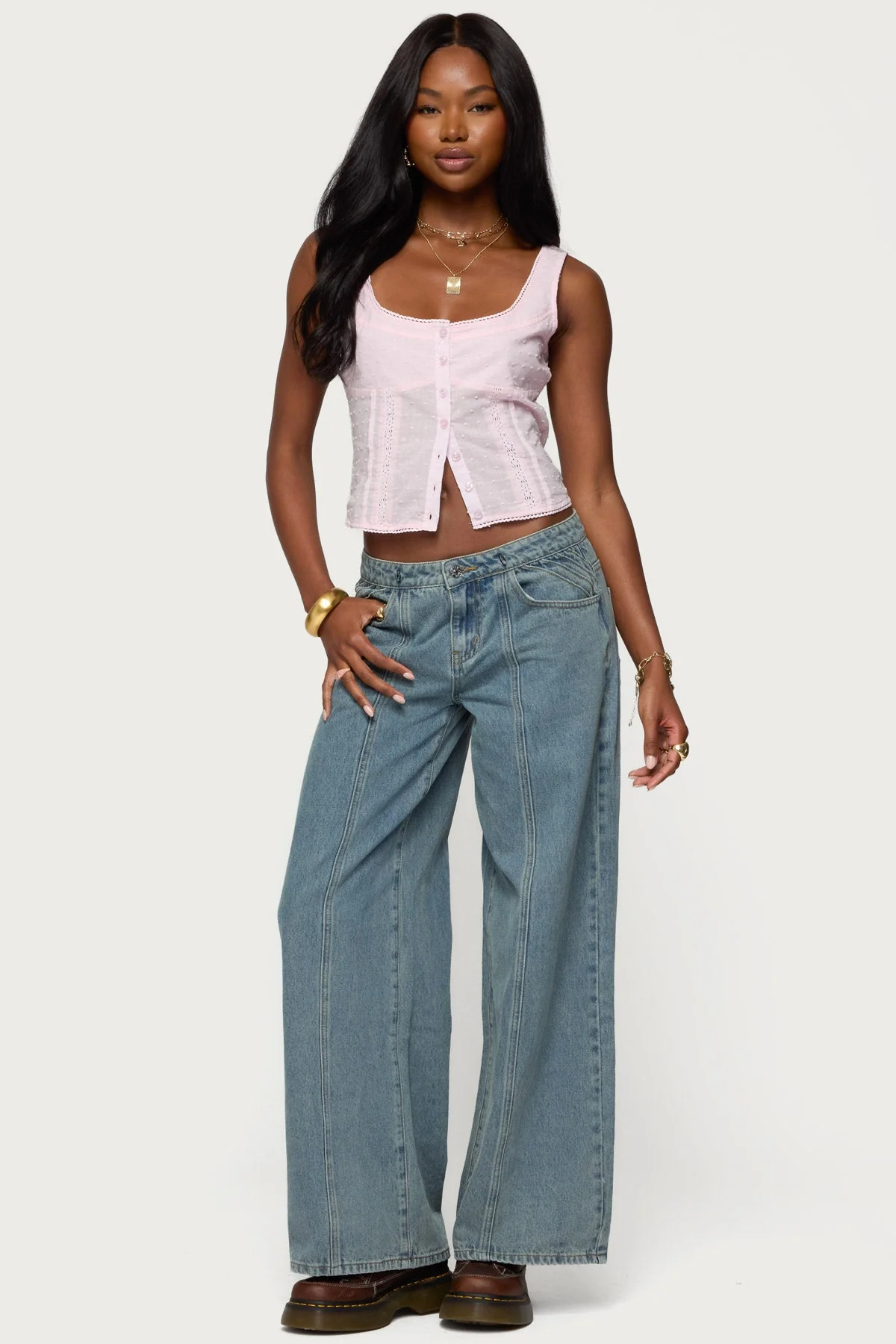 Light Pink Embroidered Cotton Tank Top | Frill Trim Smocked Back