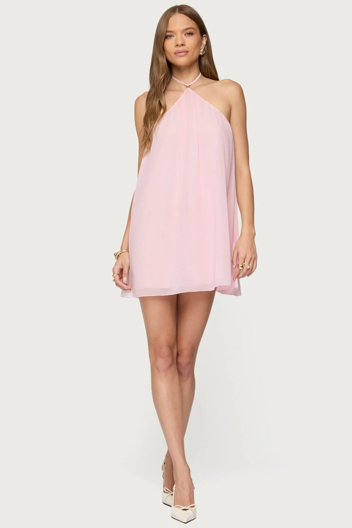 Light Pink Halter Mini Dress - Elegant Evening Wear