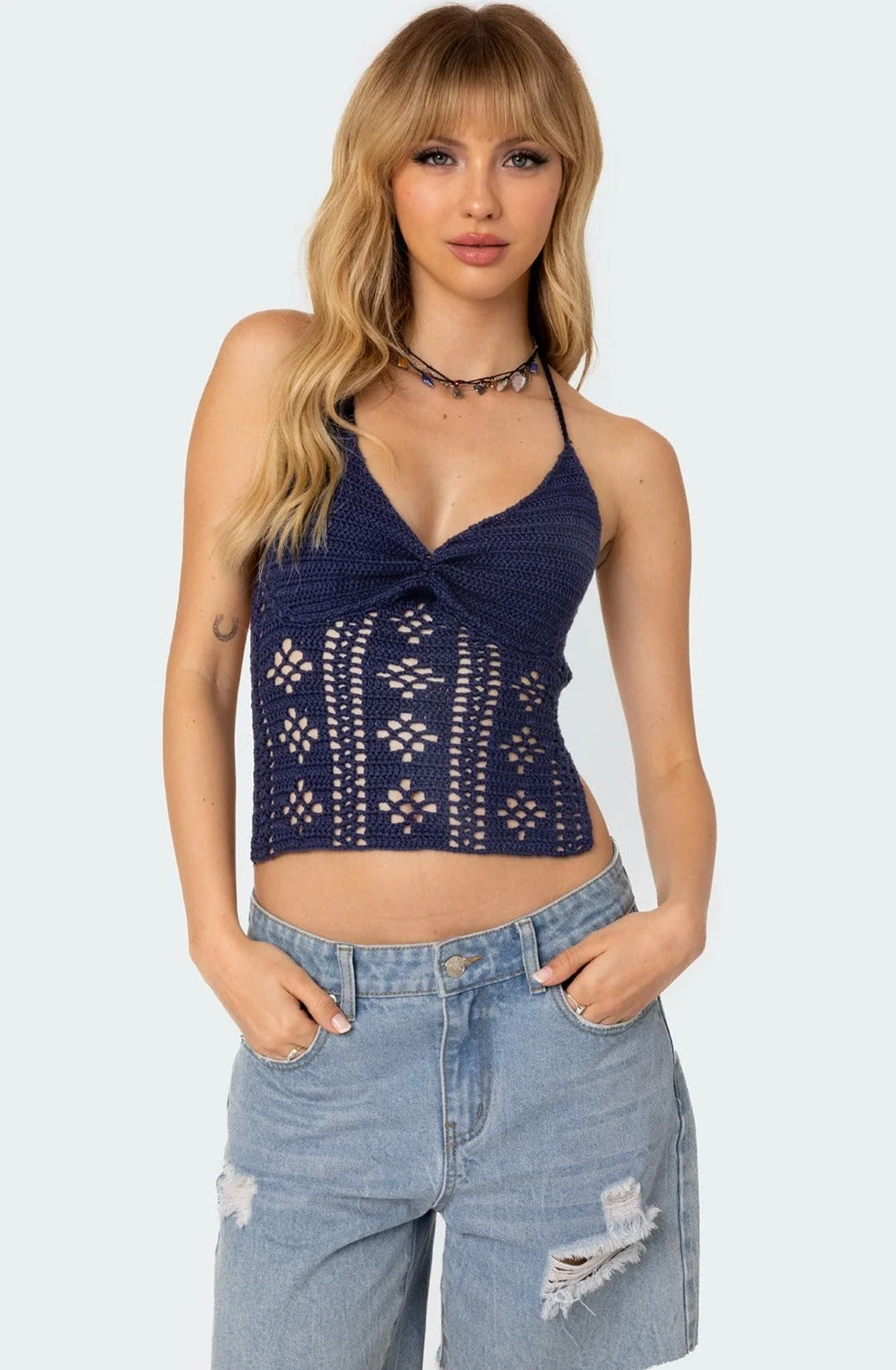 Open Back Crochet Halter Top in Navy | Stylish Jada Collection