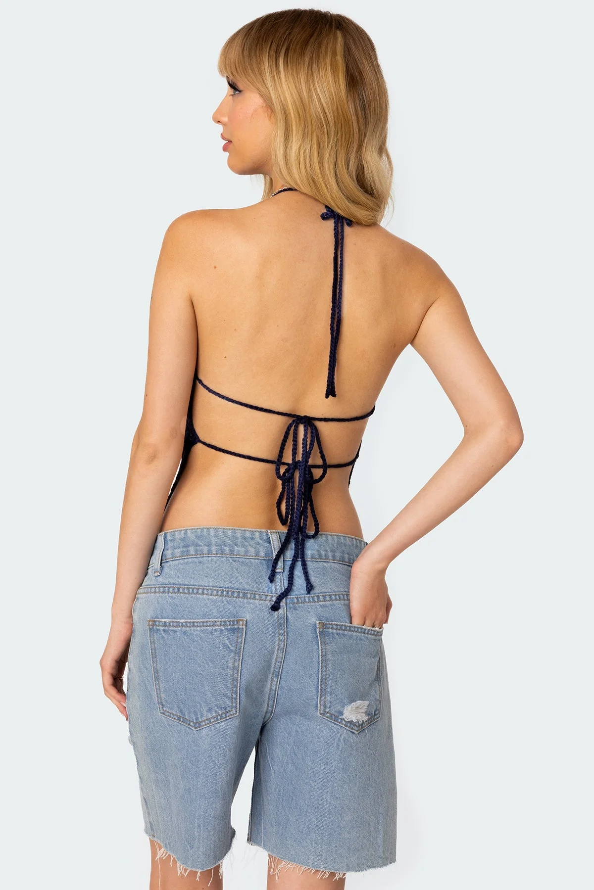 Open Back Crochet Halter Top in Navy | Stylish Jada Collection