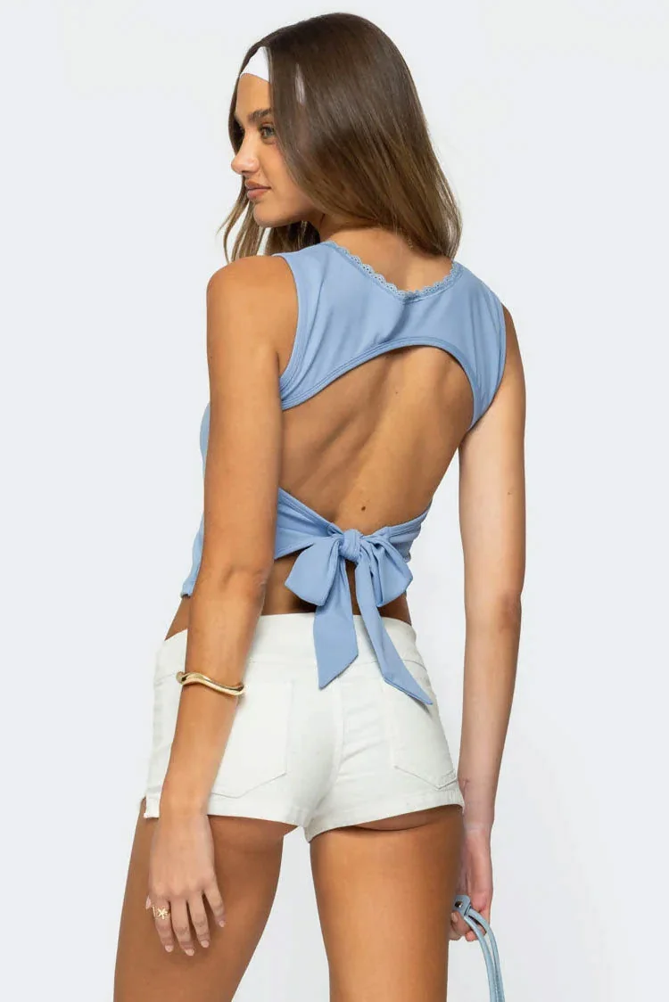 Light Blue Lace Trim Open Back Square Neck Top