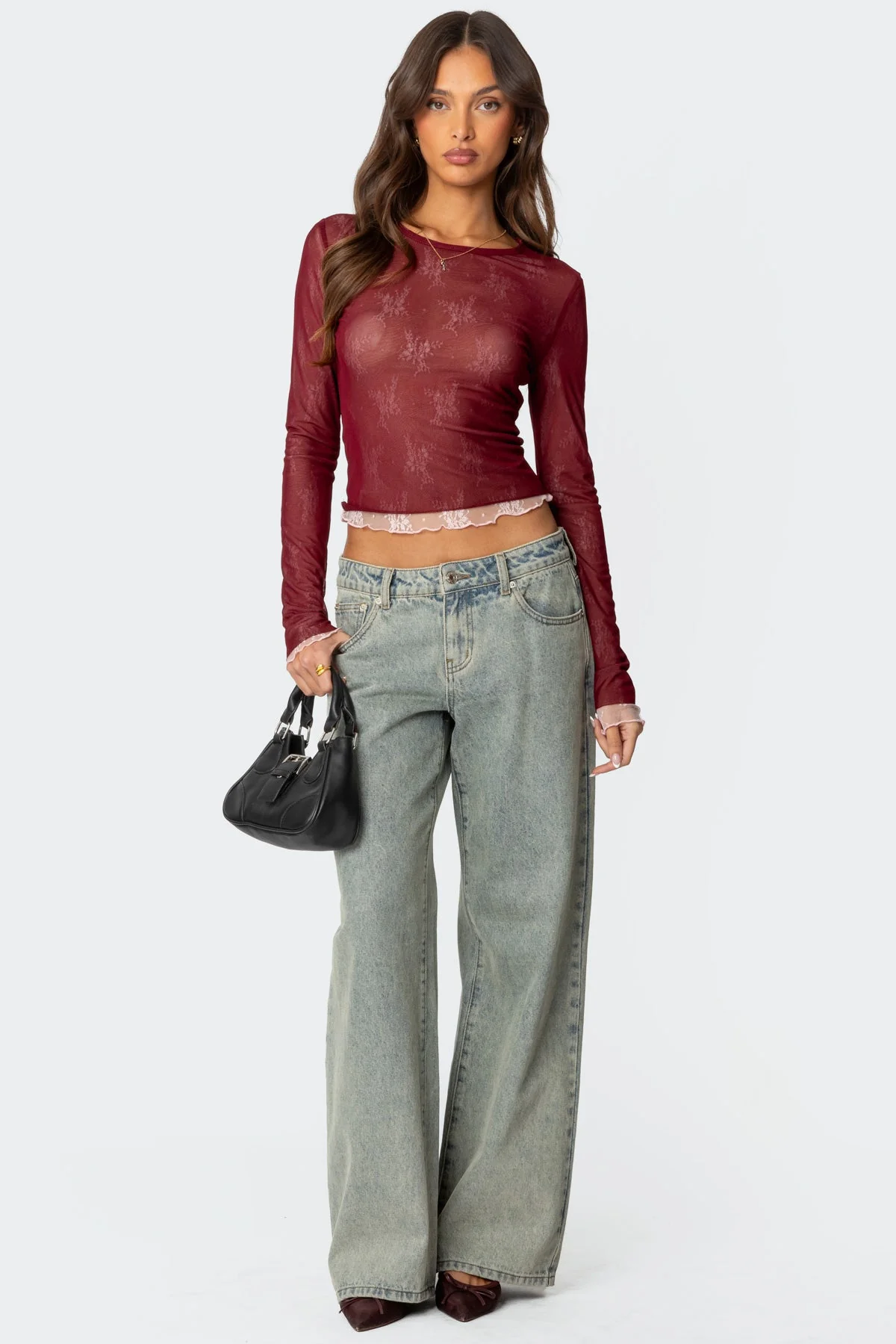 Burgundy Sheer Mesh Crew Neck Top