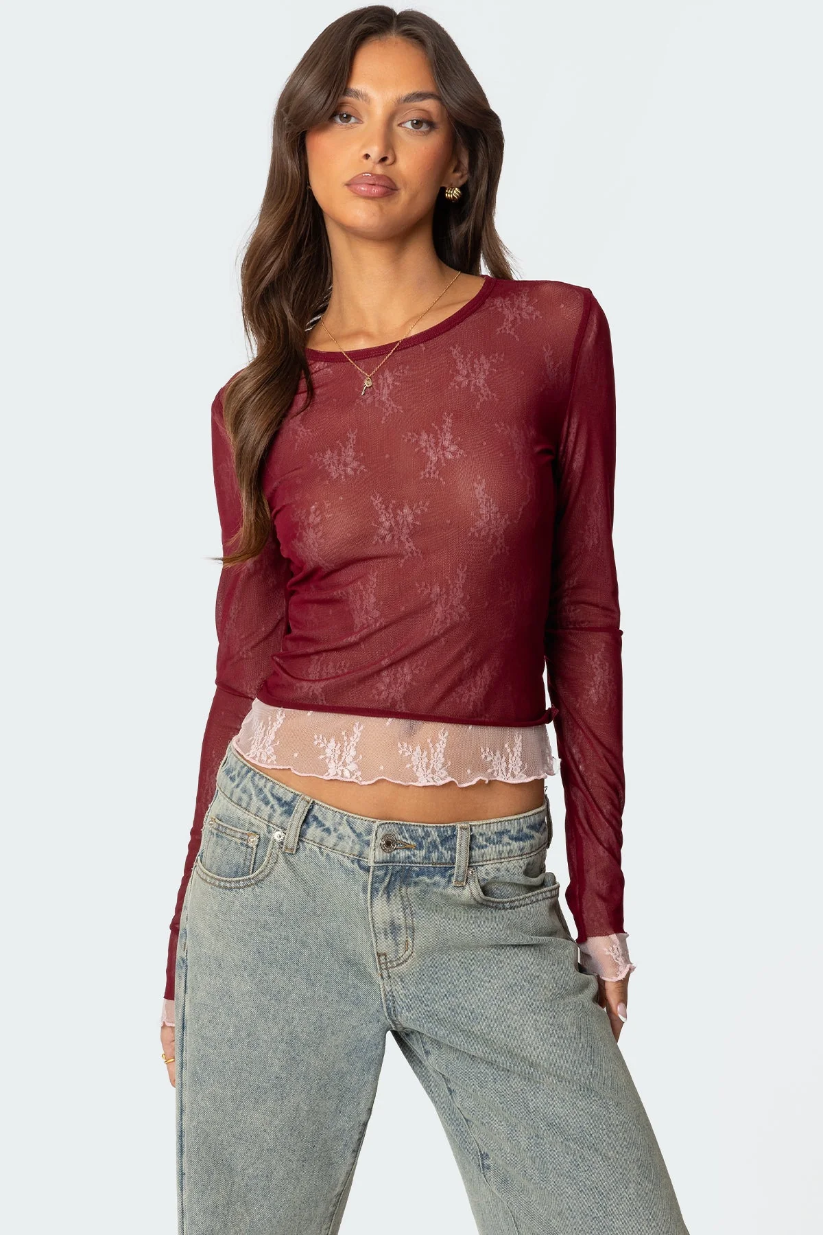 Burgundy Sheer Mesh Crew Neck Top