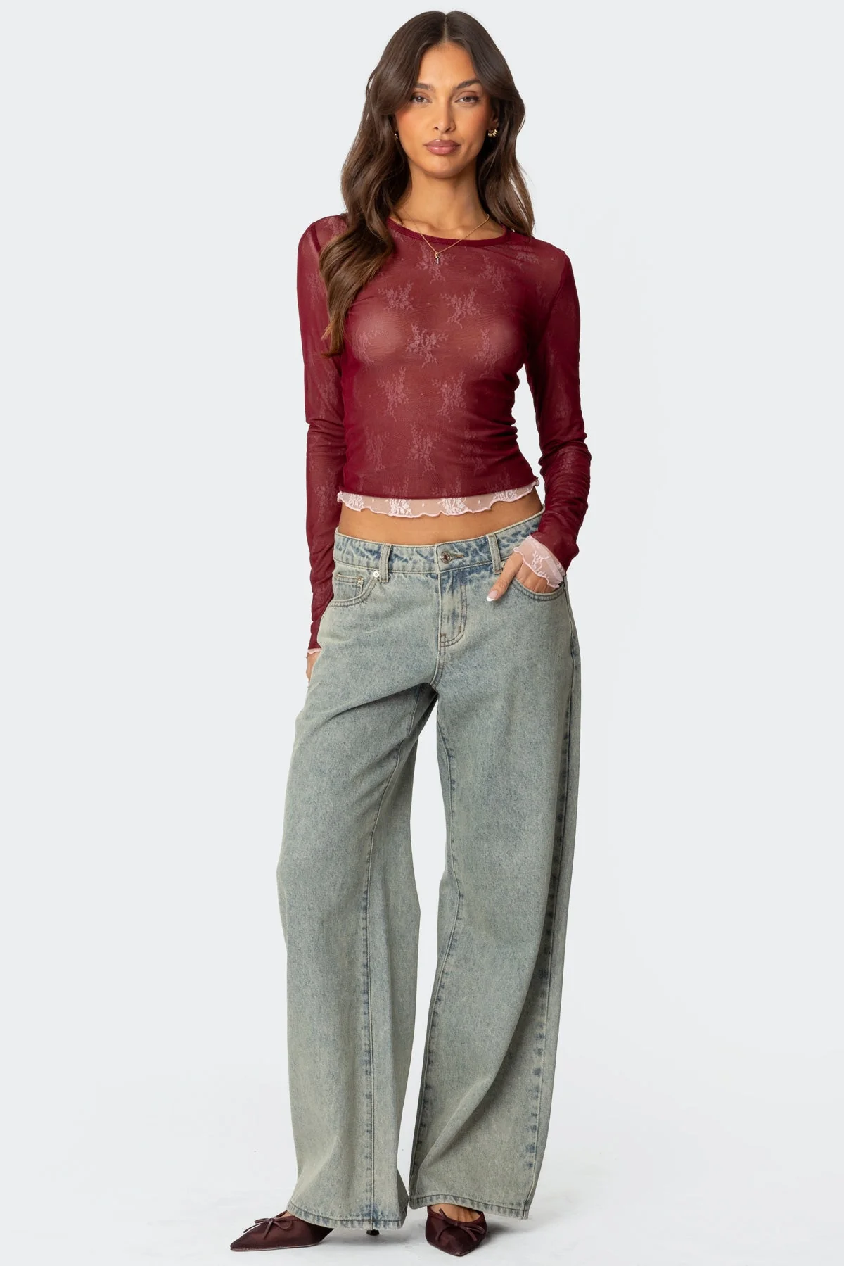 Burgundy Sheer Mesh Crew Neck Top