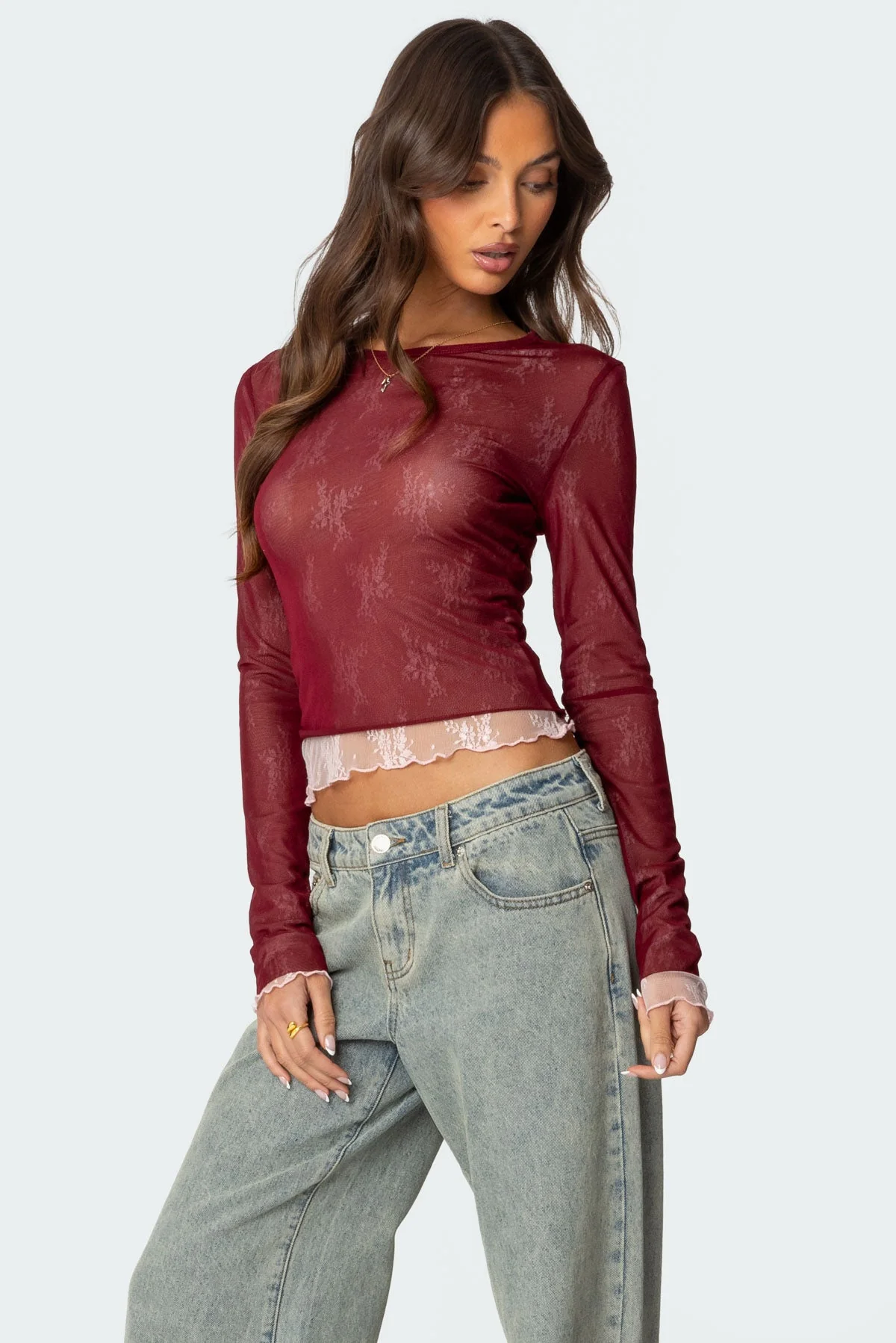 Burgundy Sheer Mesh Crew Neck Top