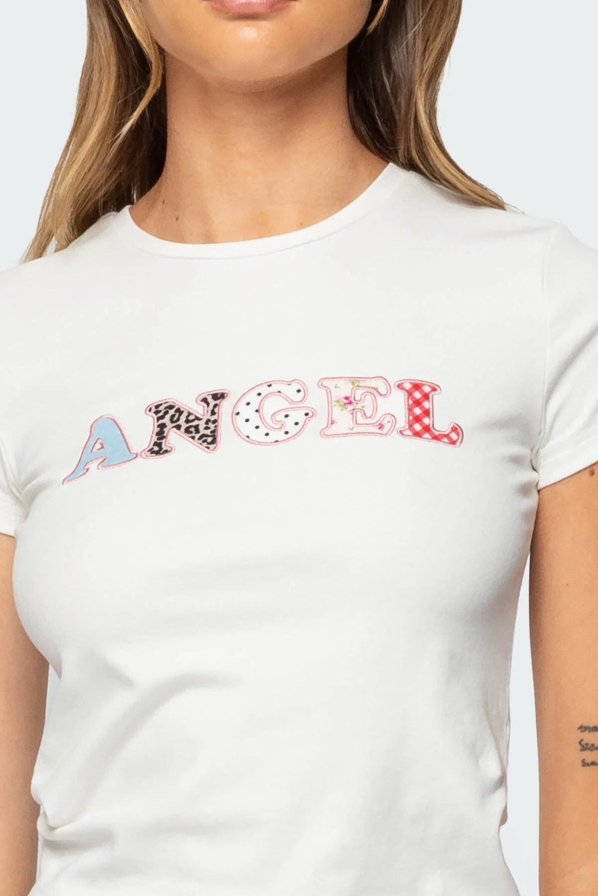 Graphic Patch White T-Shirt Womens Cotton Spandex Blend XS-XXL