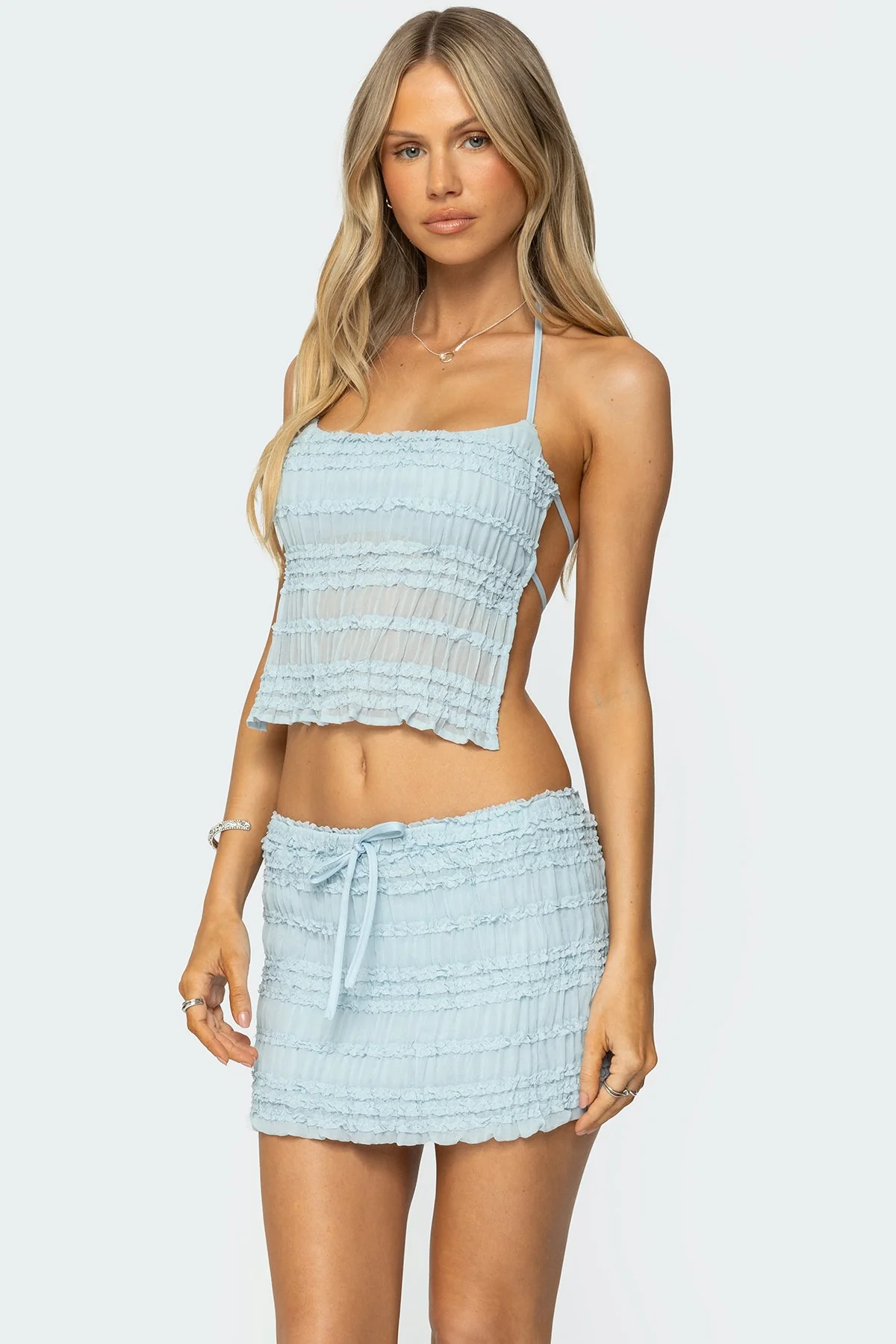 Light Blue Ruffle Chiffon Halter Top