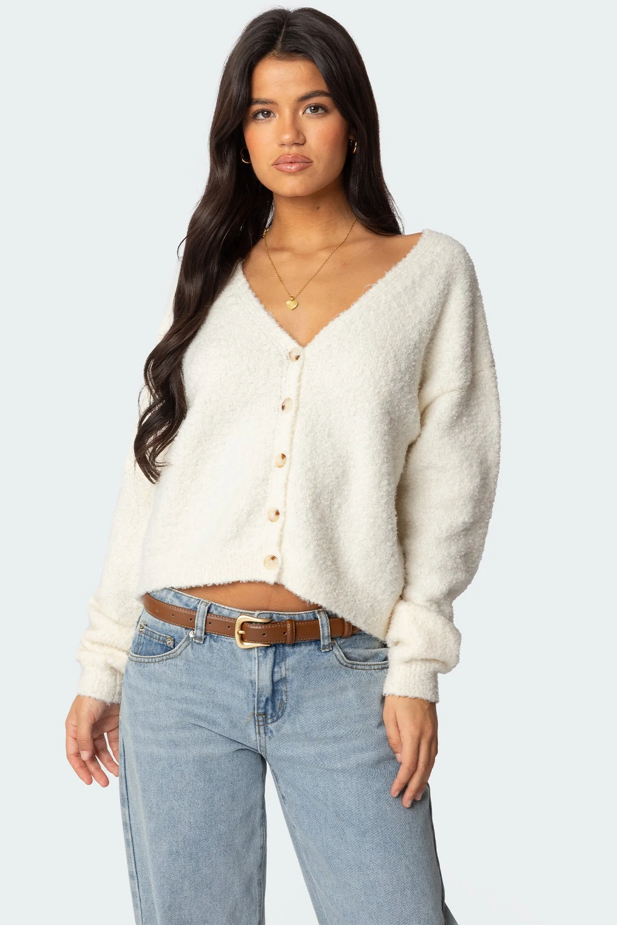 Cream Textured Knit Cardigan - Womens Long Sleeve Sweater