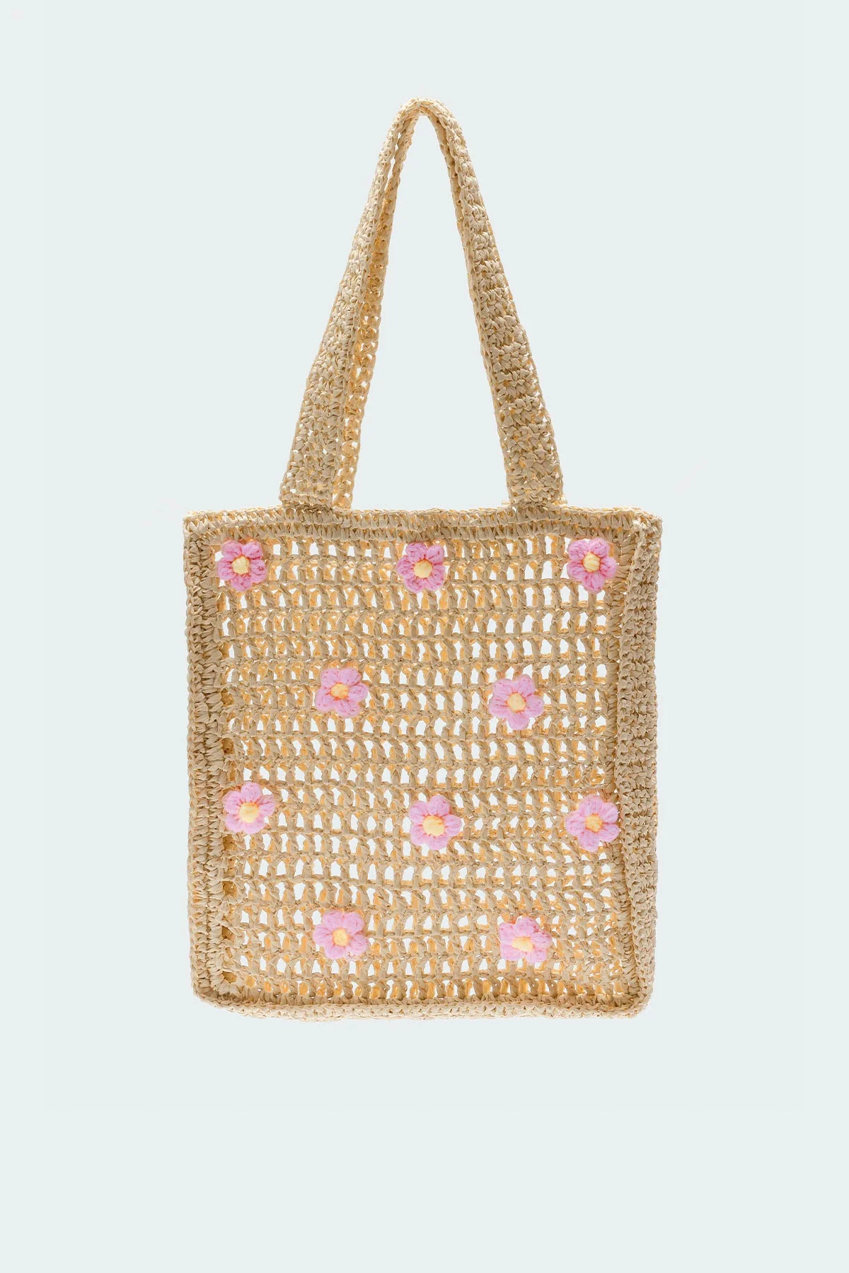 Beige Crochet Tote Bag with Flower Detailing