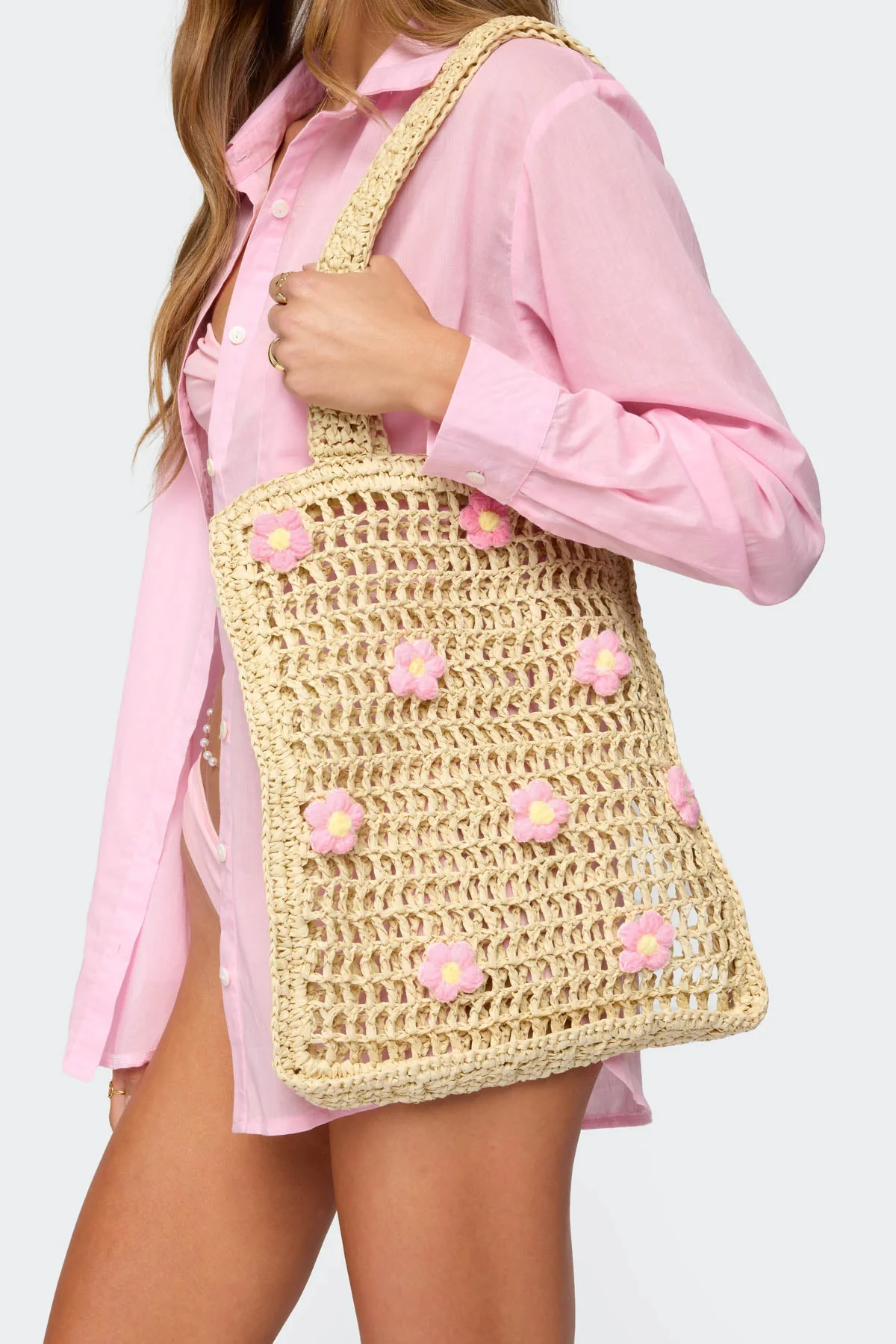 Beige Crochet Tote Bag with Flower Detailing