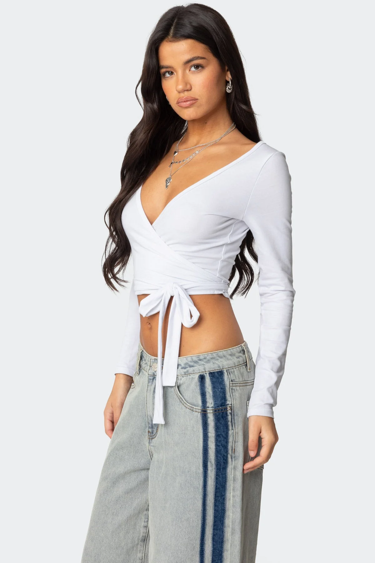 White Wrap Top with Deep V Neckline - Stylish and Elegant
