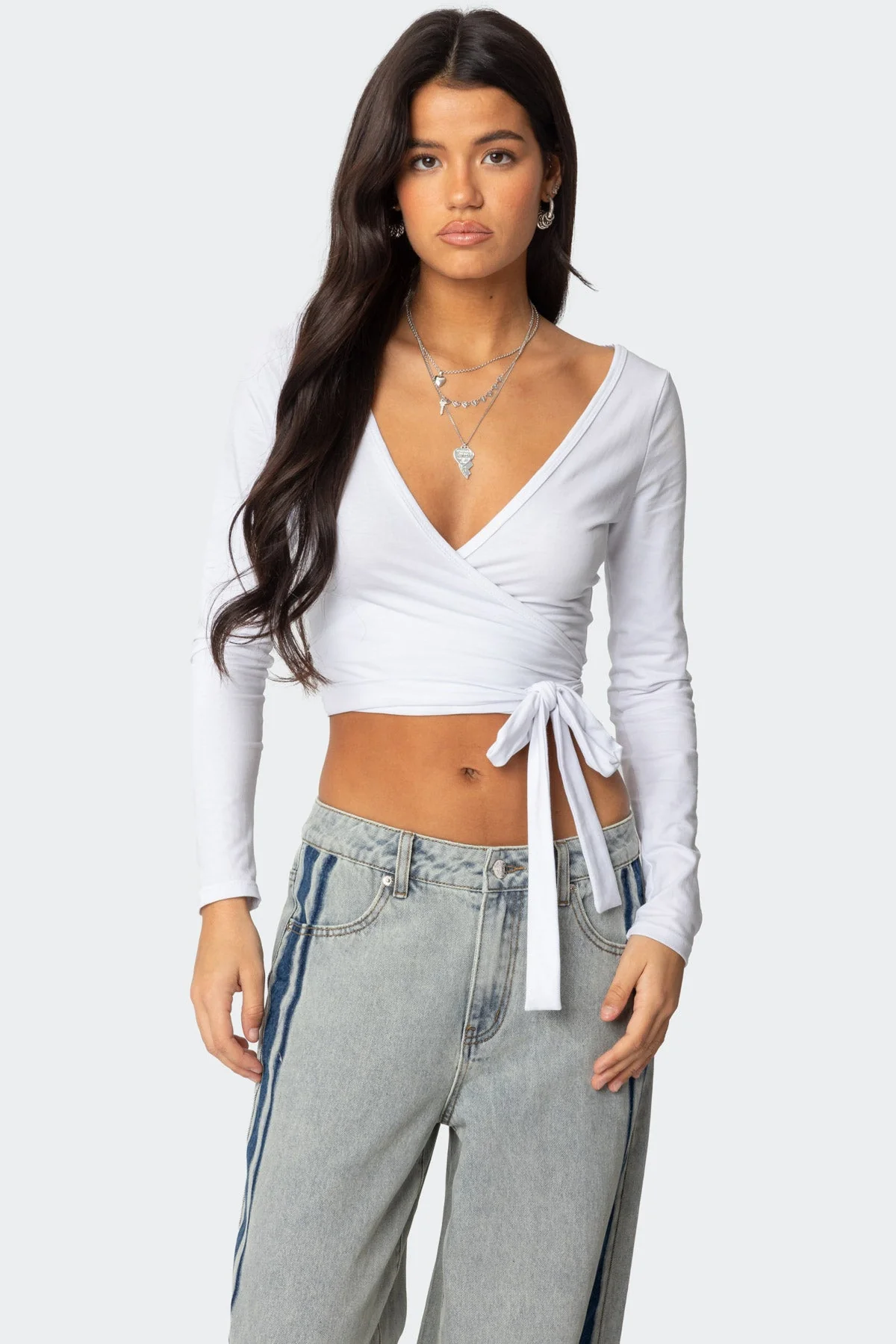 White Wrap Top with Deep V Neckline - Stylish and Elegant