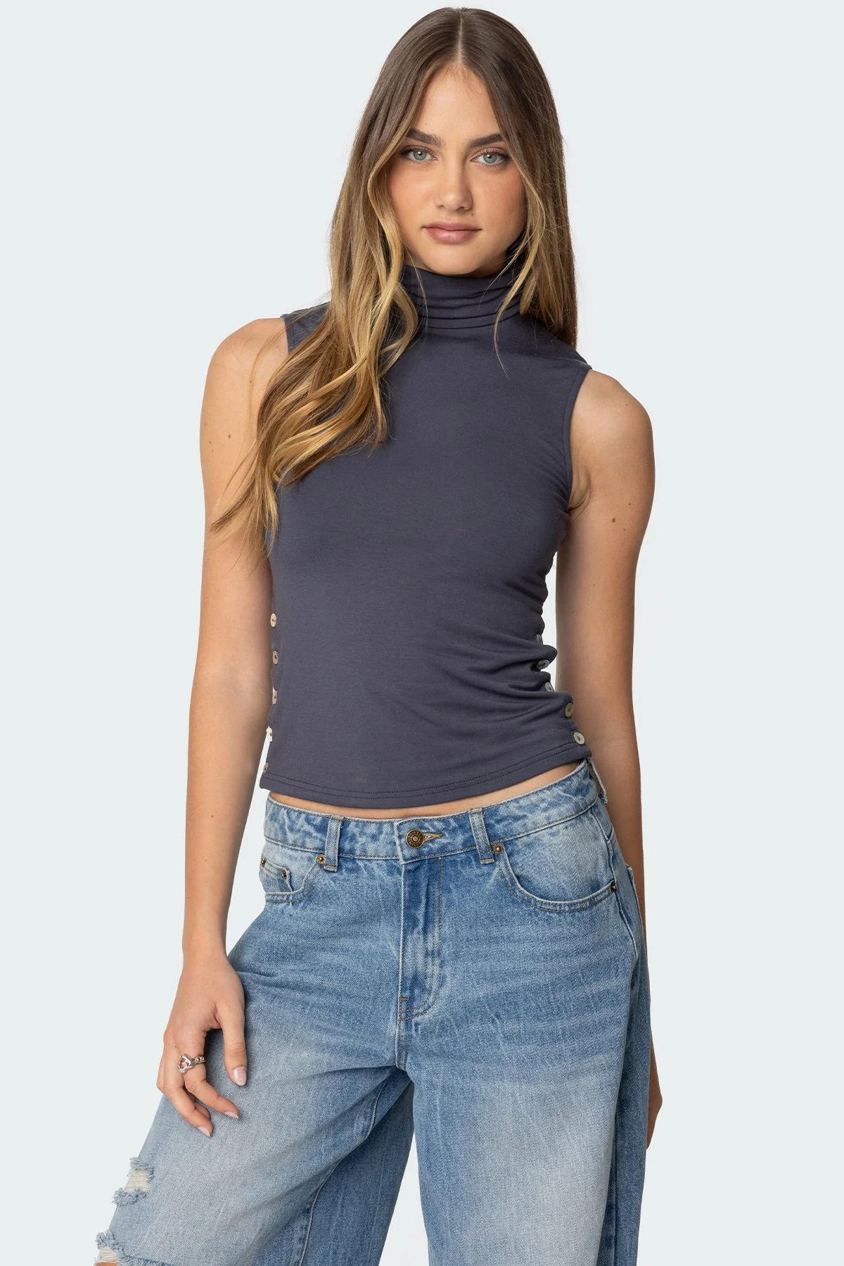 Gray Sleeveless Turtle Neck Tank Top